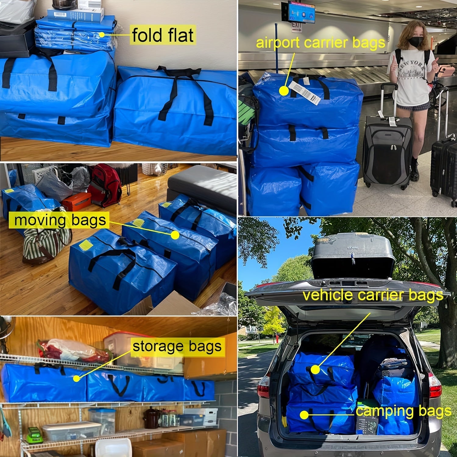 TEMU 5-pack Storage & Organization Moving Bags - Heavy Duty Zippered With Backpack Straps | College Dorm Essentials & Clothing Storage (pe Material)