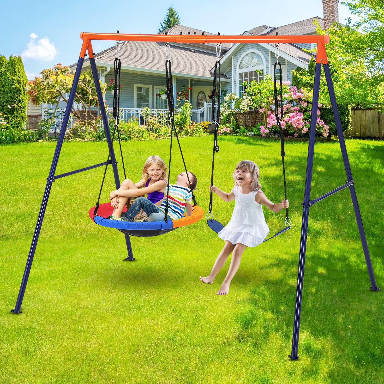 Garvee Saucer Swing for Kids 440lbs Heavy-Duty Metal A-Frame Adjustable Ropes Durable Polymer Plastic