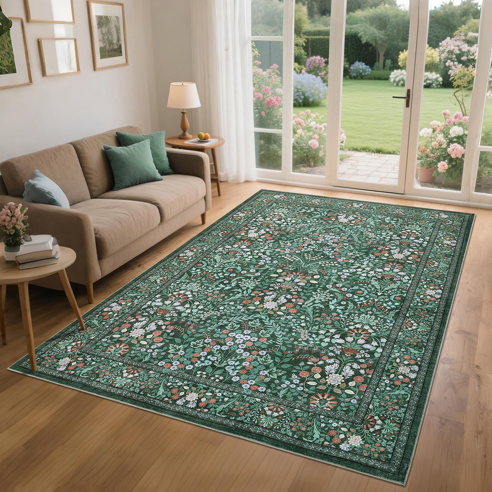 Garvee Farmhouse Floral Rug 5x7 Washable Non Slip Indoor Carpet Green for Living Room Bedroom Nursery