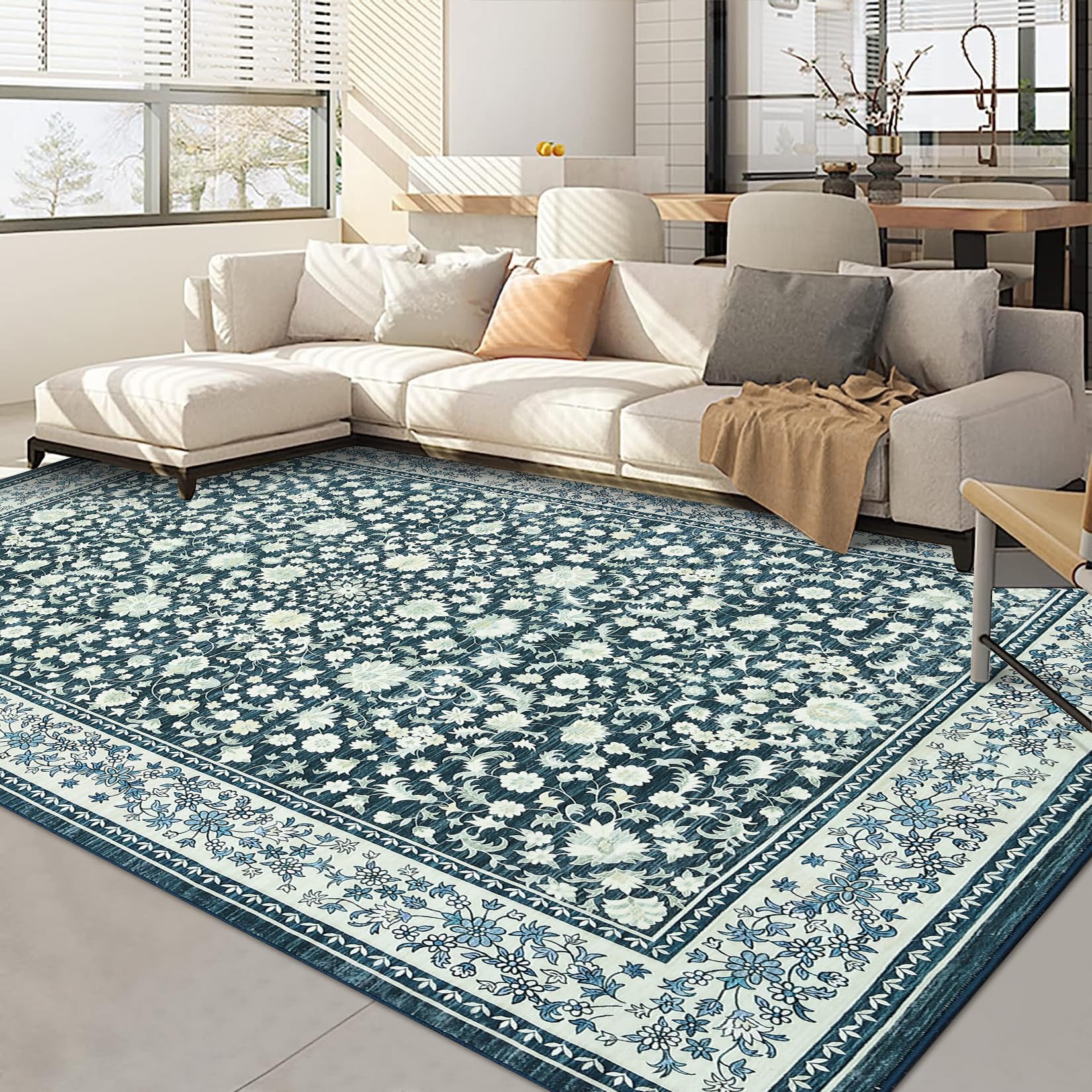 Garvee Washable 5x7 Area Rugs Vintage Soft Low Pile Carpet with Rubber Backing for Living Room Bedroom Teal