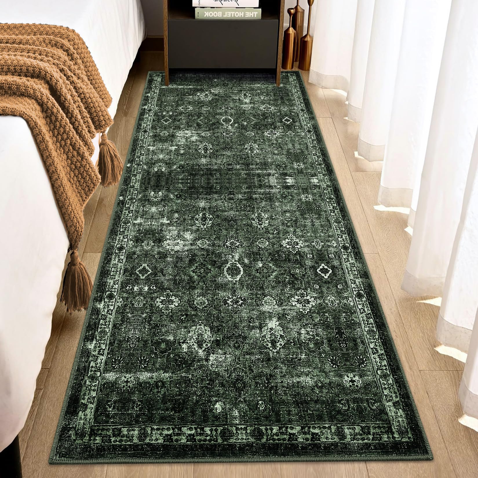 Garvee Vintage Floral 2x6 Runner Rug Dark Green Boho Washable Non-Slip Thin Faux Wool Carpet for Kitchen Hallway Bedroom