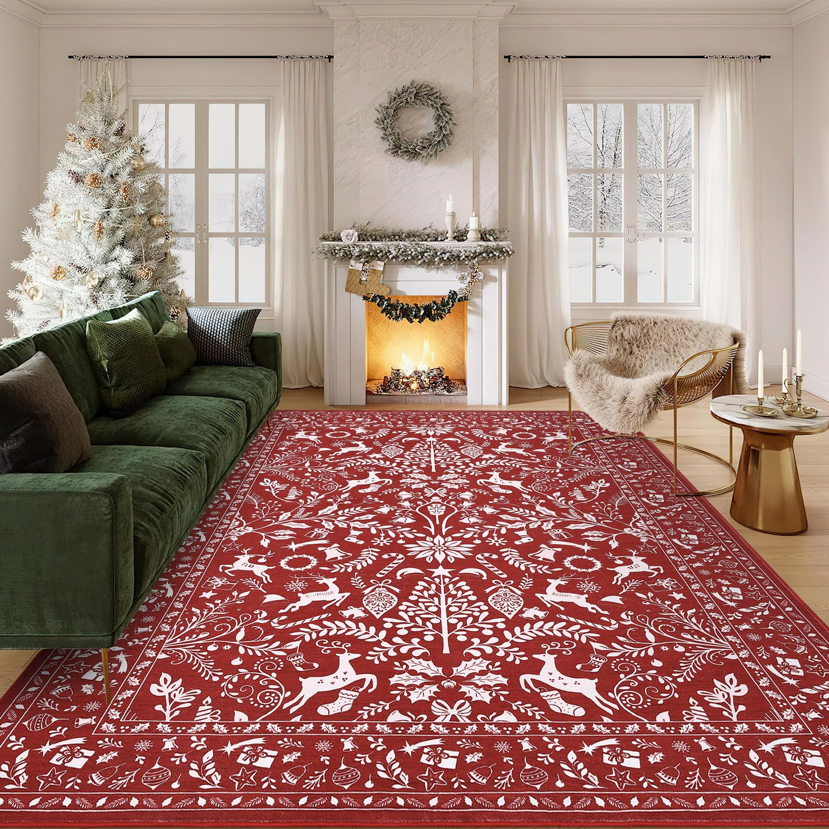 Garvee Traditional Christmas Decor Washable Area Rug Red Bordered 6x9 Easy to Clean Carpet