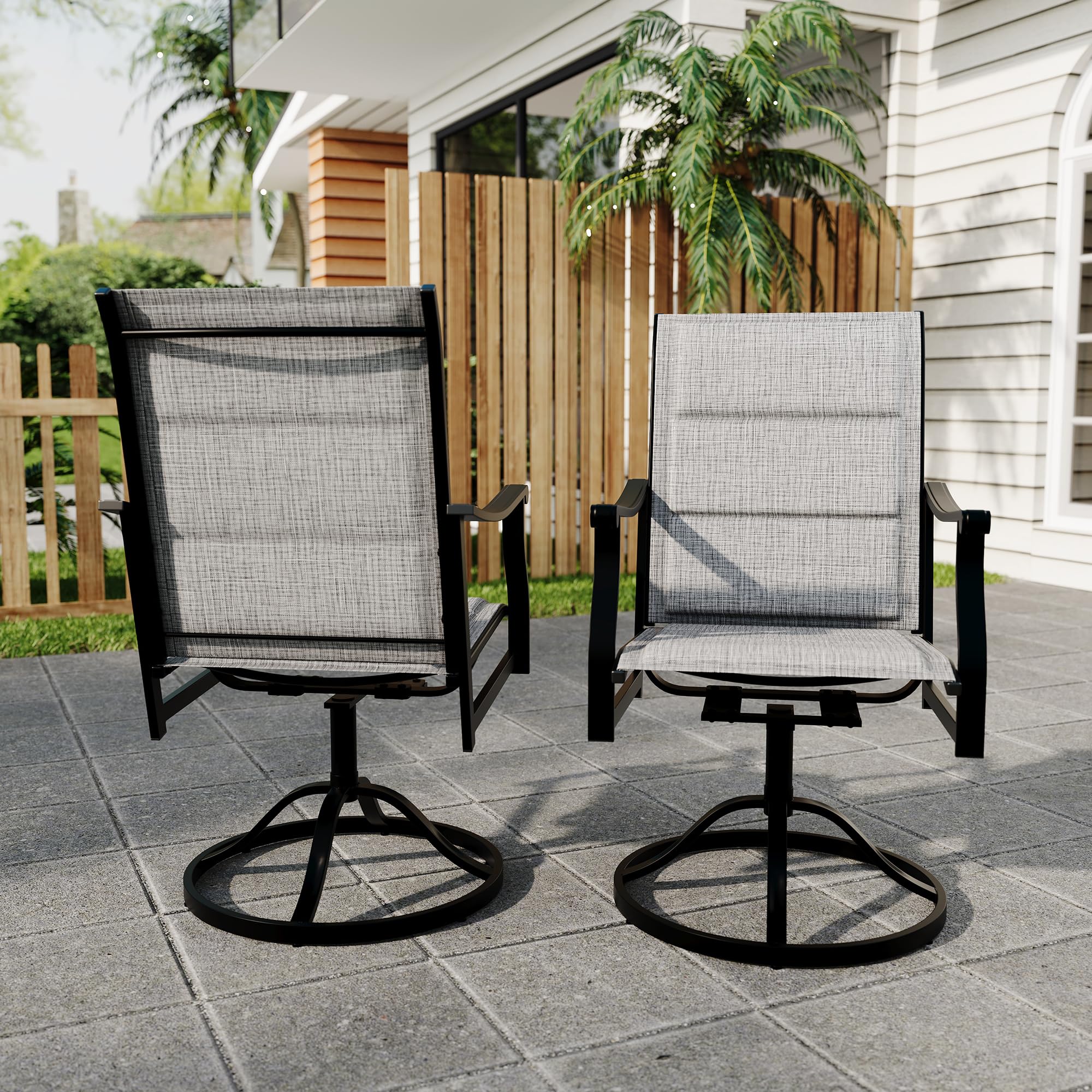 Garvee Outdoor Swivel Dining Chairs Set of 2 - Padded Textilene Breathable Back, Swivel Patio Sling Chairs for Poolside, Lawn & Garden, Dark Grey