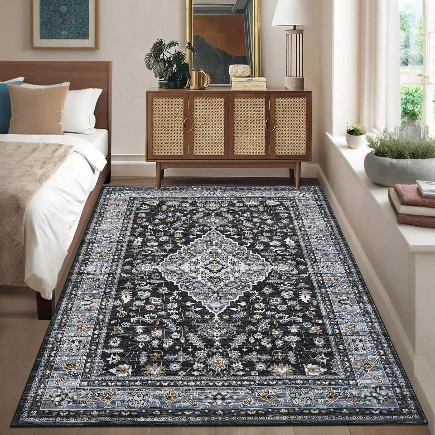 Garvee 8x10 Washable Area Rugs Vintage Oriental Indoor Carpet Non Slip Distressed Medallion Floor Mat Black