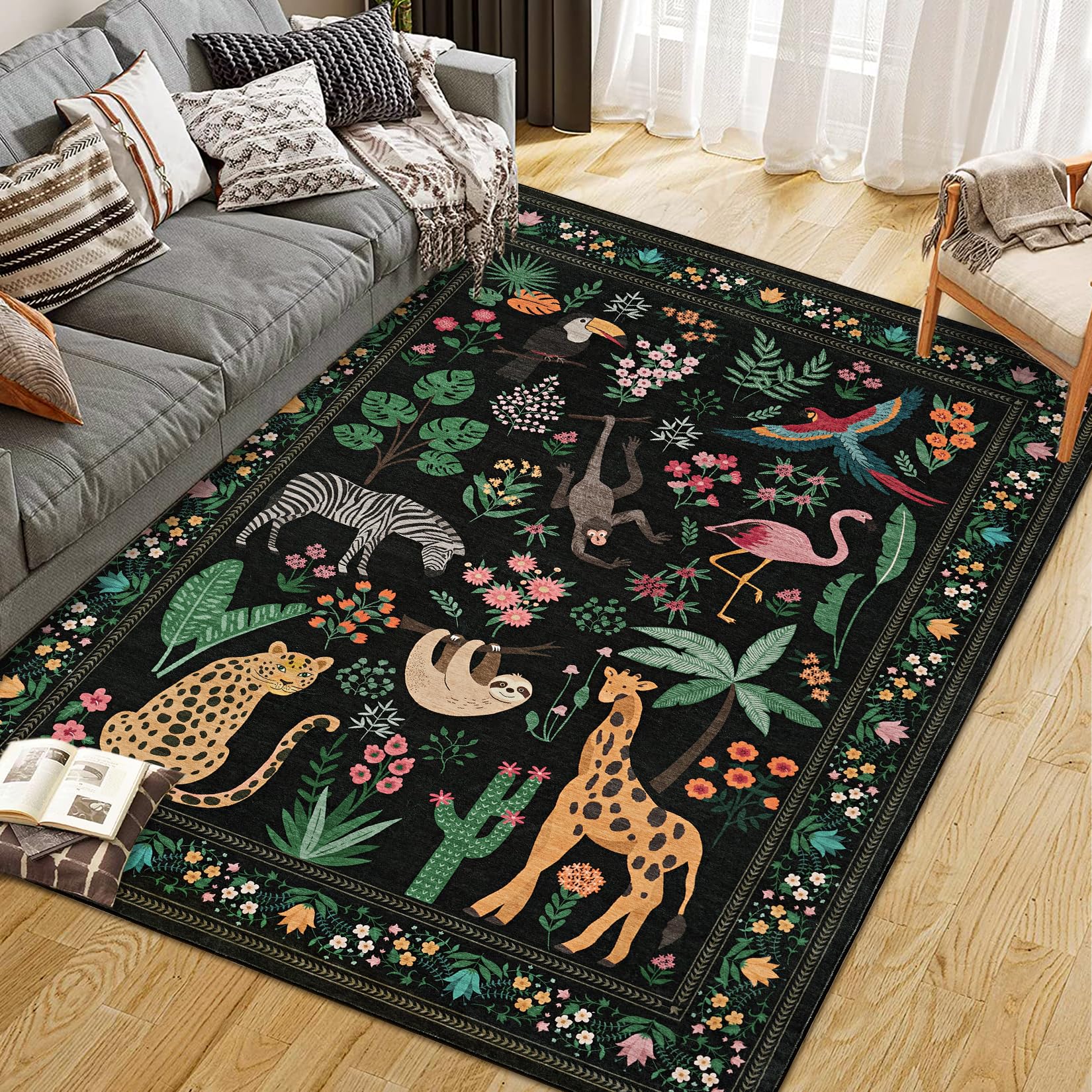 Garvee 10x13 Washable Animal Living Room Rug Non Slip Vintage Design Soft Low Pile Large Carpet Black