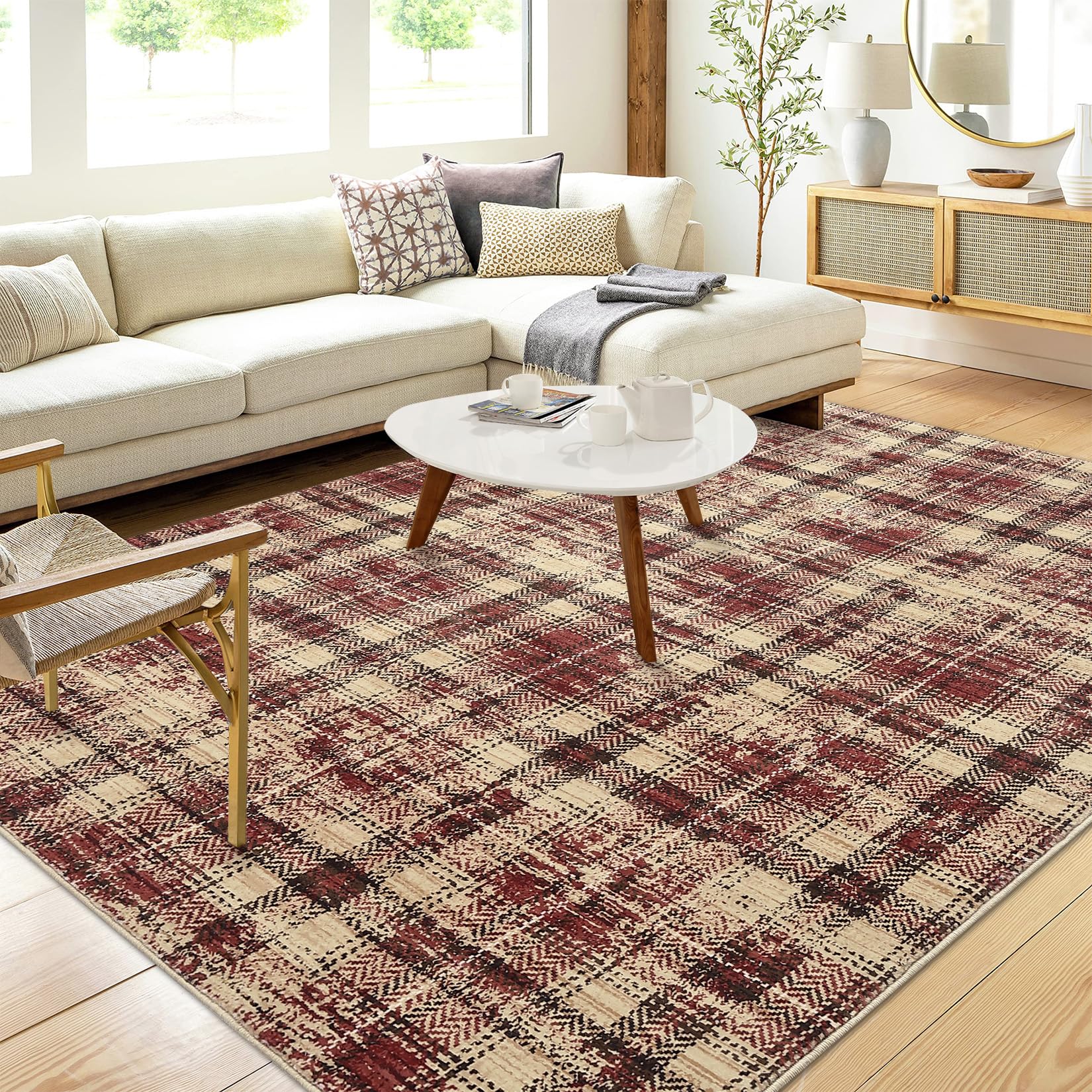 Garvee Plaid Red 4x6 Washable Rugs Rug for Living Room Plaid Area Rug Low Pile Bedroom Rugs Modern Rug Farmhouse Tartan Floor Mat Non Slip Area Rugs S