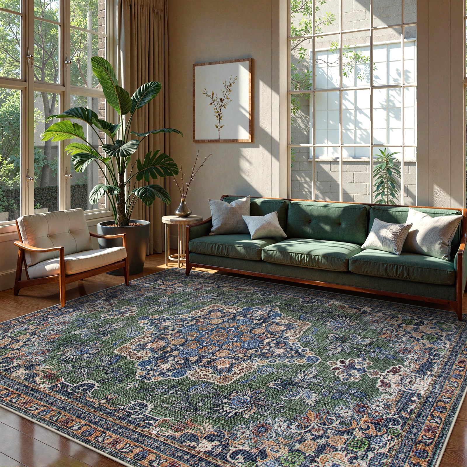 Lahome Oriental Rugs for Living Room, Non-Slip Green Area Rug 6x9 Washable Rugs Ultra-Thin Soft Bedroom Rug for Dining Room, No Shedding Vintage Area