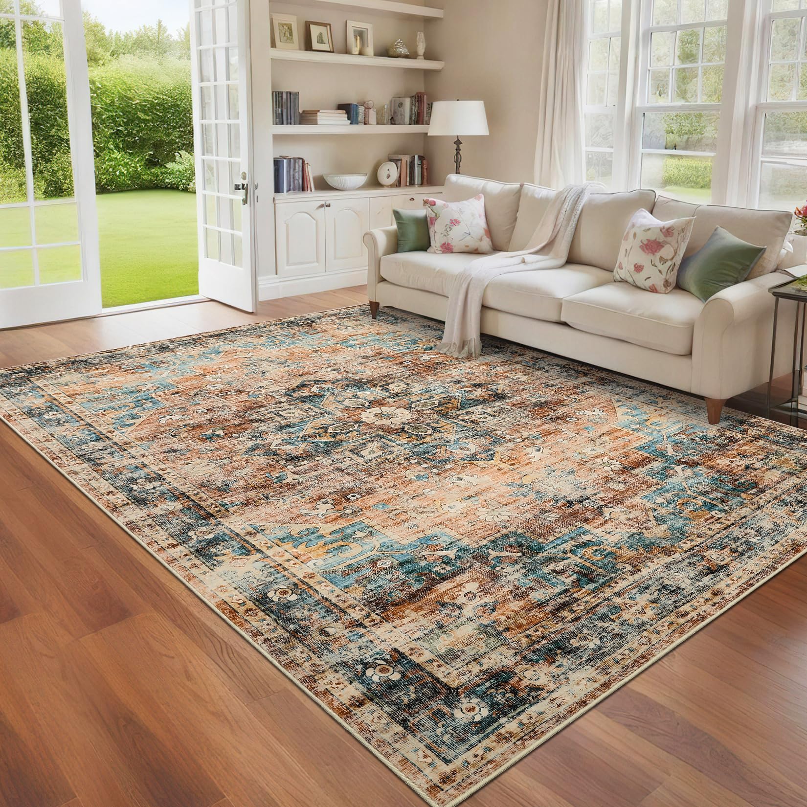 Garvee 4x6 Washable Vintage Living Room Area Rug Non-Slip Indoor Bedroom Carpet Green & Brown