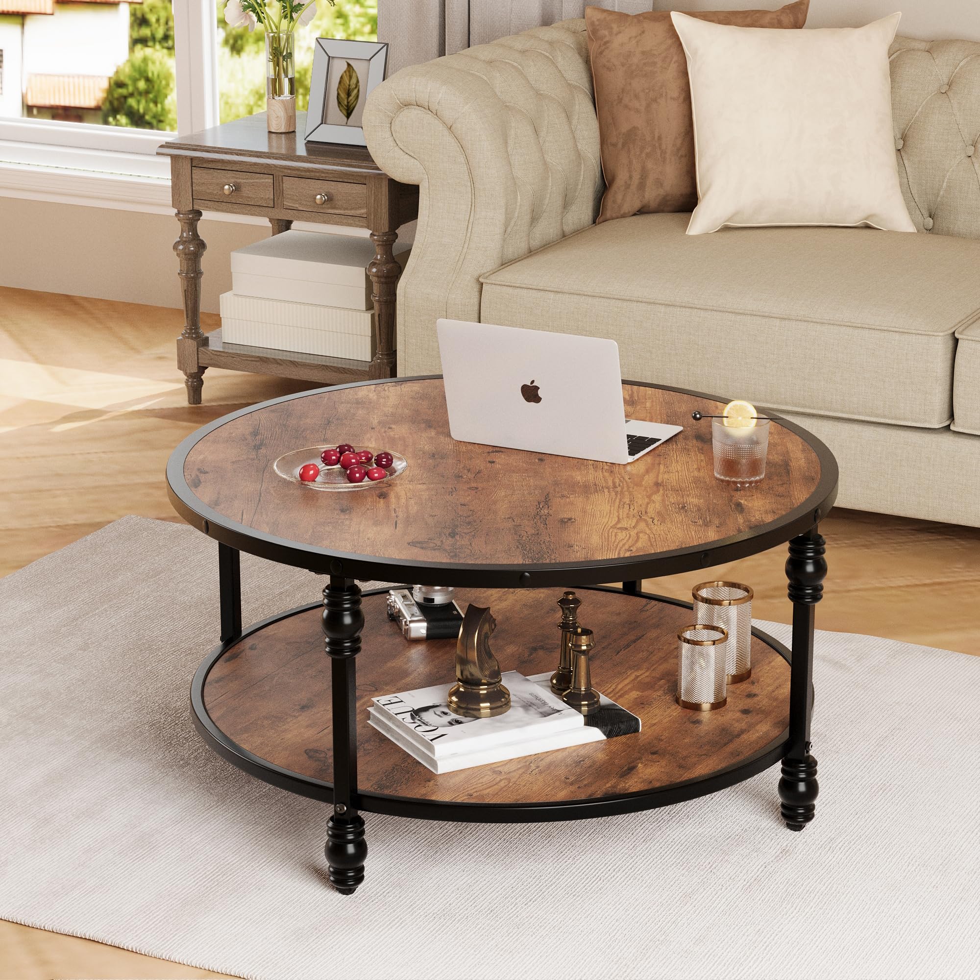 Garvee 2-Tier Coffee Table Vintage Coffee Table with Wood Grain Design Stable Coffee Table with Thickened Roman Column Metal Legs Elegant Coffee Table