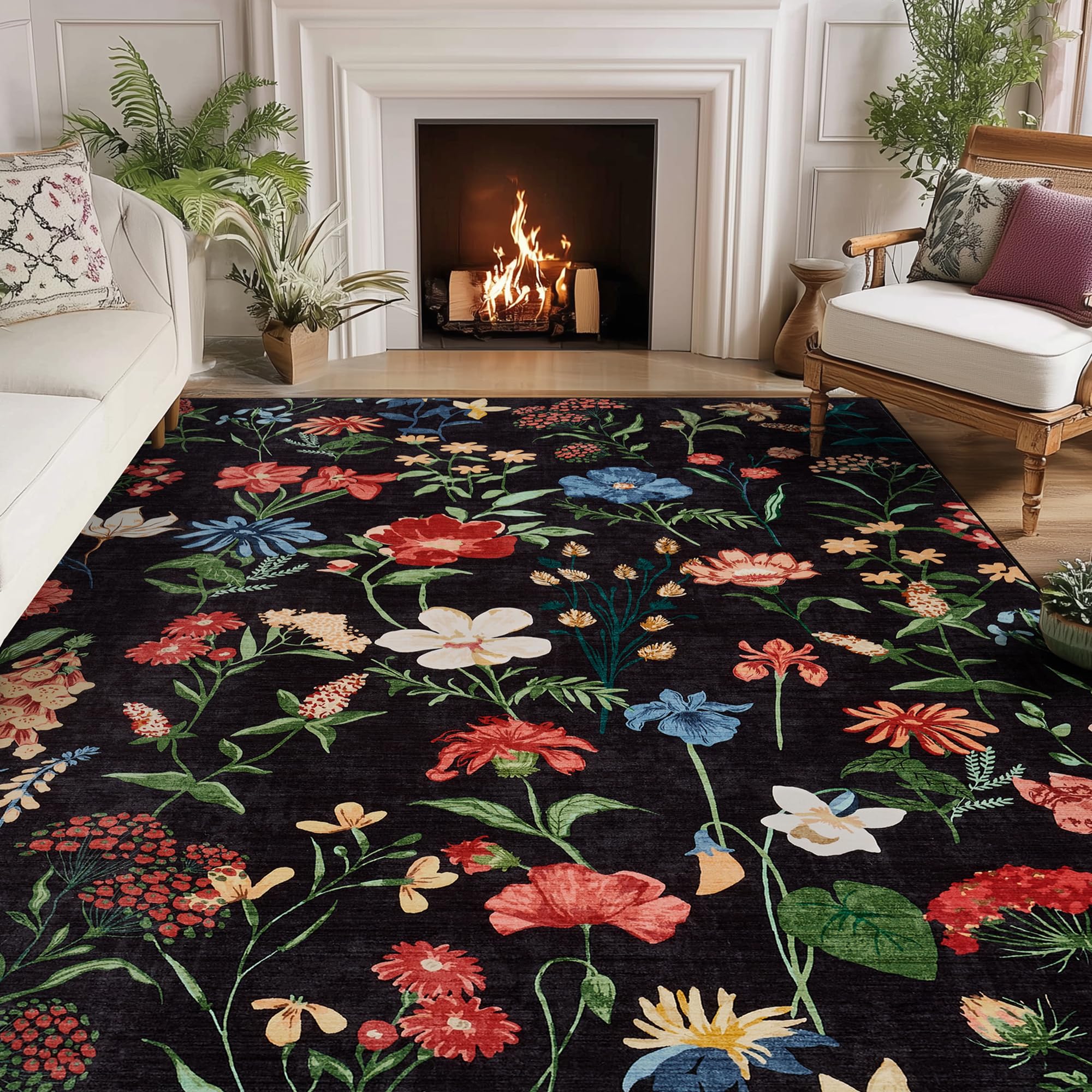 Garvee 8x10 Floral Washable Area Rug, Low Pile Non Slip Vintage Carpet for Living Room, Bedroom, Kitchen, Black