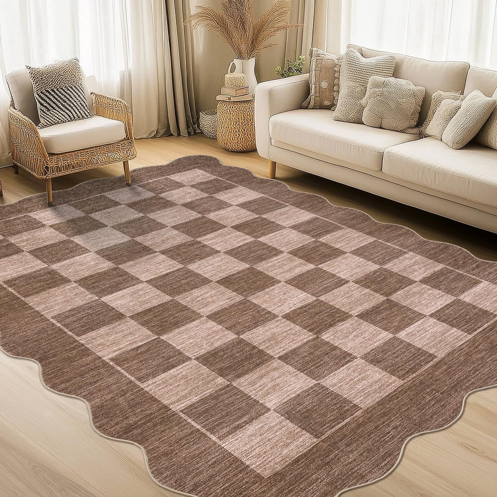 Garvee Washable Rugs 5x7 Dining Room Rugs Modern Scalloped Non Slip Carpet Low Pile Mousse