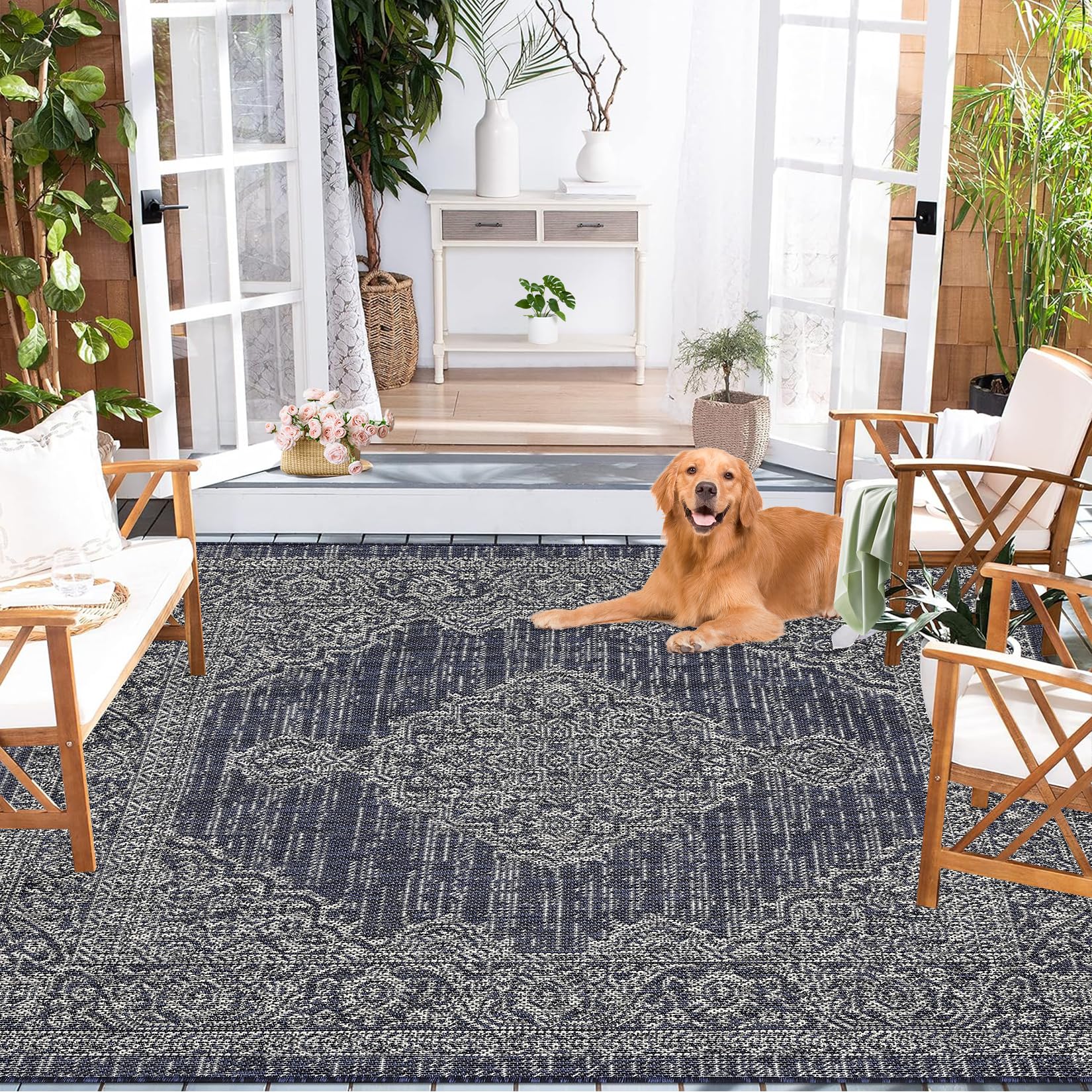 Garvee Outdoor Rug 8x10 Navy Vintage Boho Waterproof Non Shedding Carpet for Patio Deck Porch