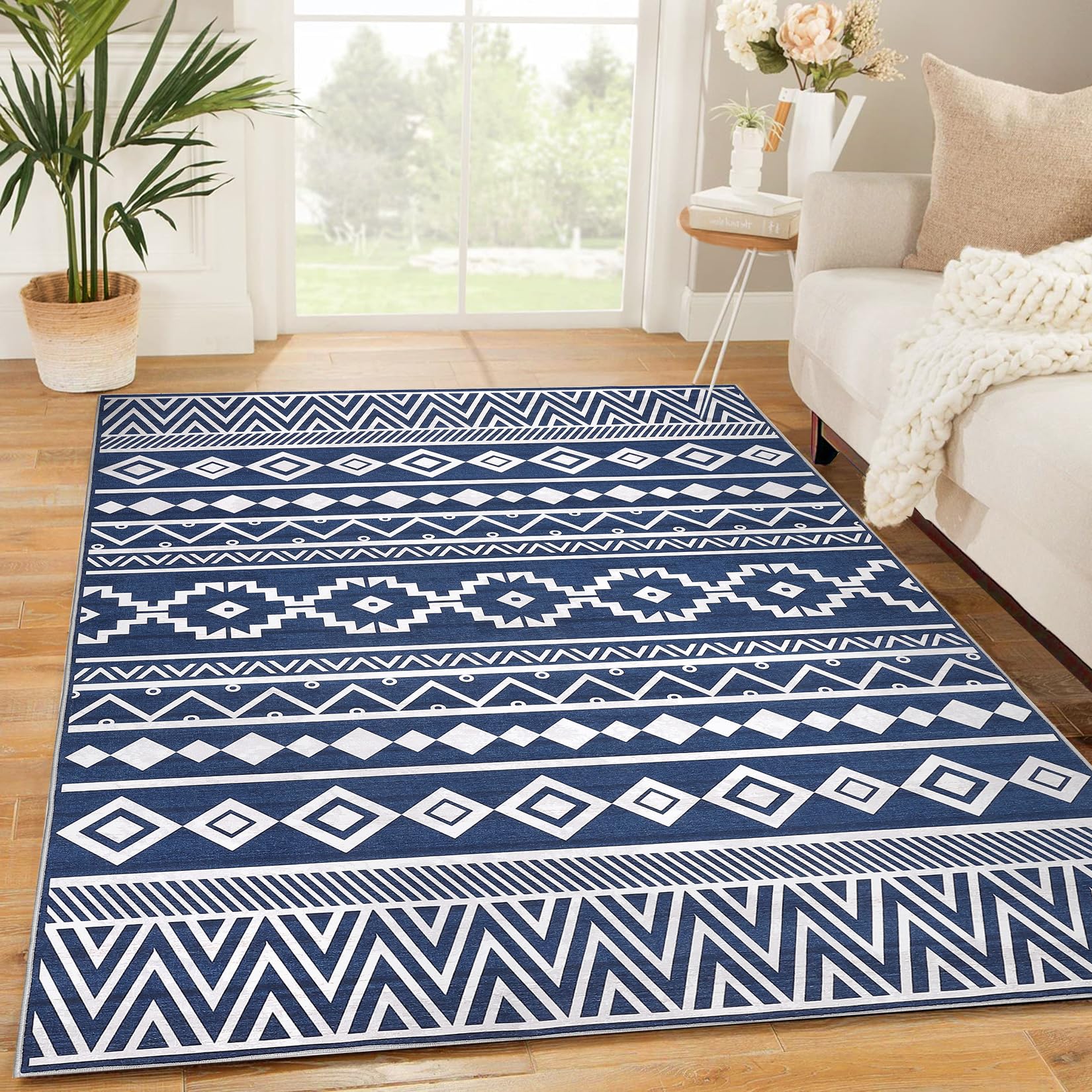 Garvee Living Room Rug 4x6 Washable Area Rug Soft Blue Non Slip Boho Geometric Indoor Floor Carpet for Home Office