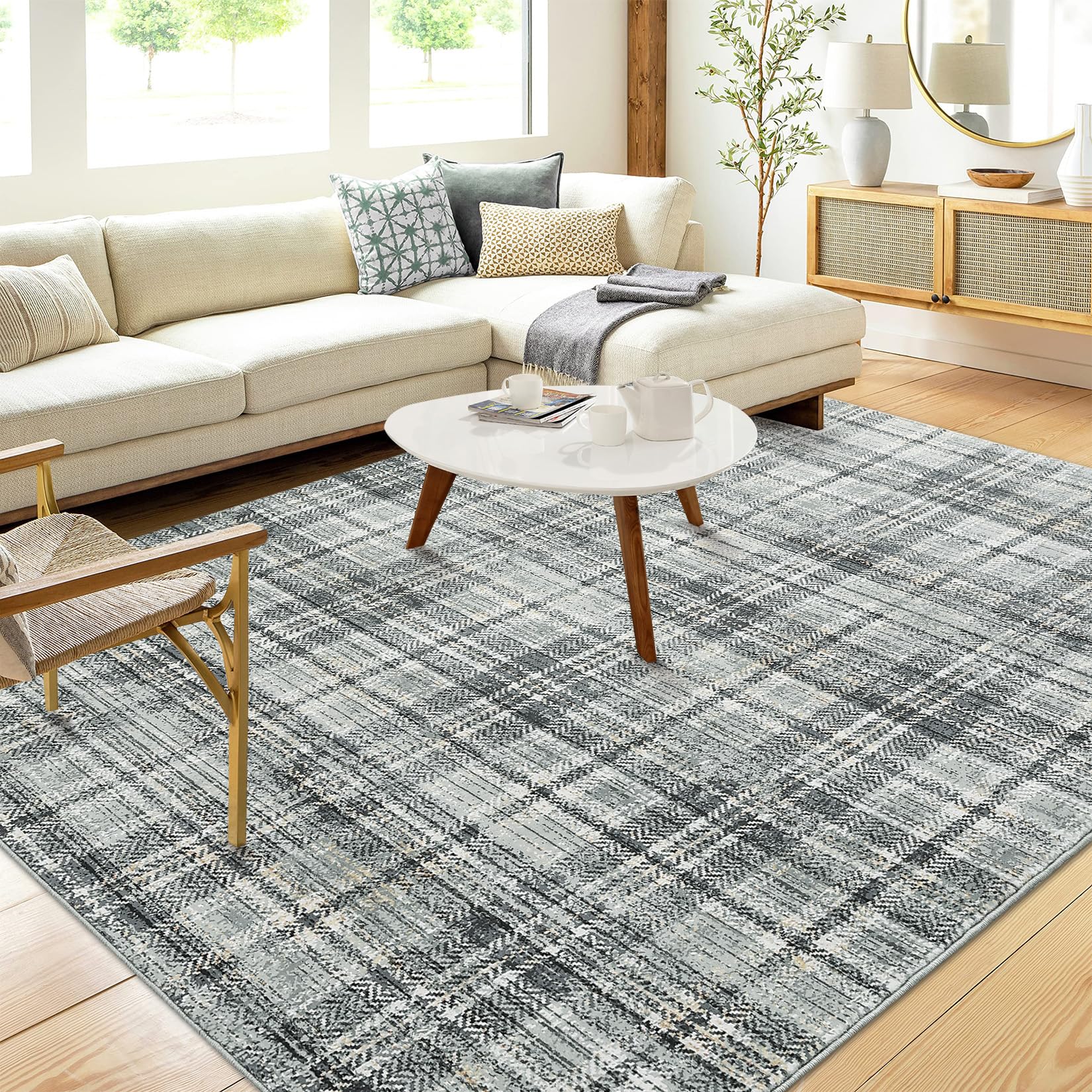 Garvee Plaid Green 4x6 Modern Area Rug for Living Room Throw Rugs with Rubber Backing Washable Rugs Tartan Bedroom Rugs Soft Rug No Shedding Floor Mat