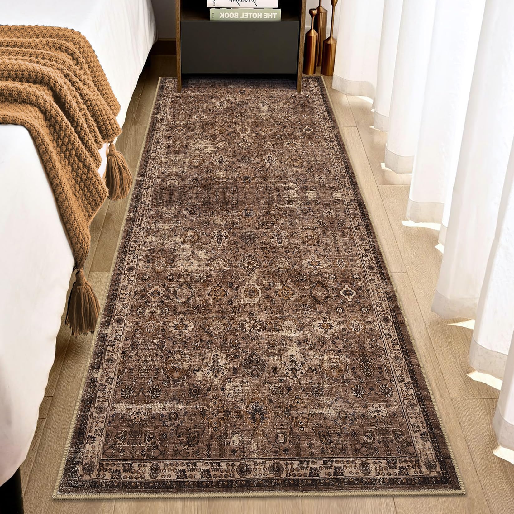 Garvee Vintage Floral 2x6 Runner Rug Reddish Brown Boho Washable Kitchen Non-Slip Hallway Thin Printed Faux Wool Super Soft Carpet