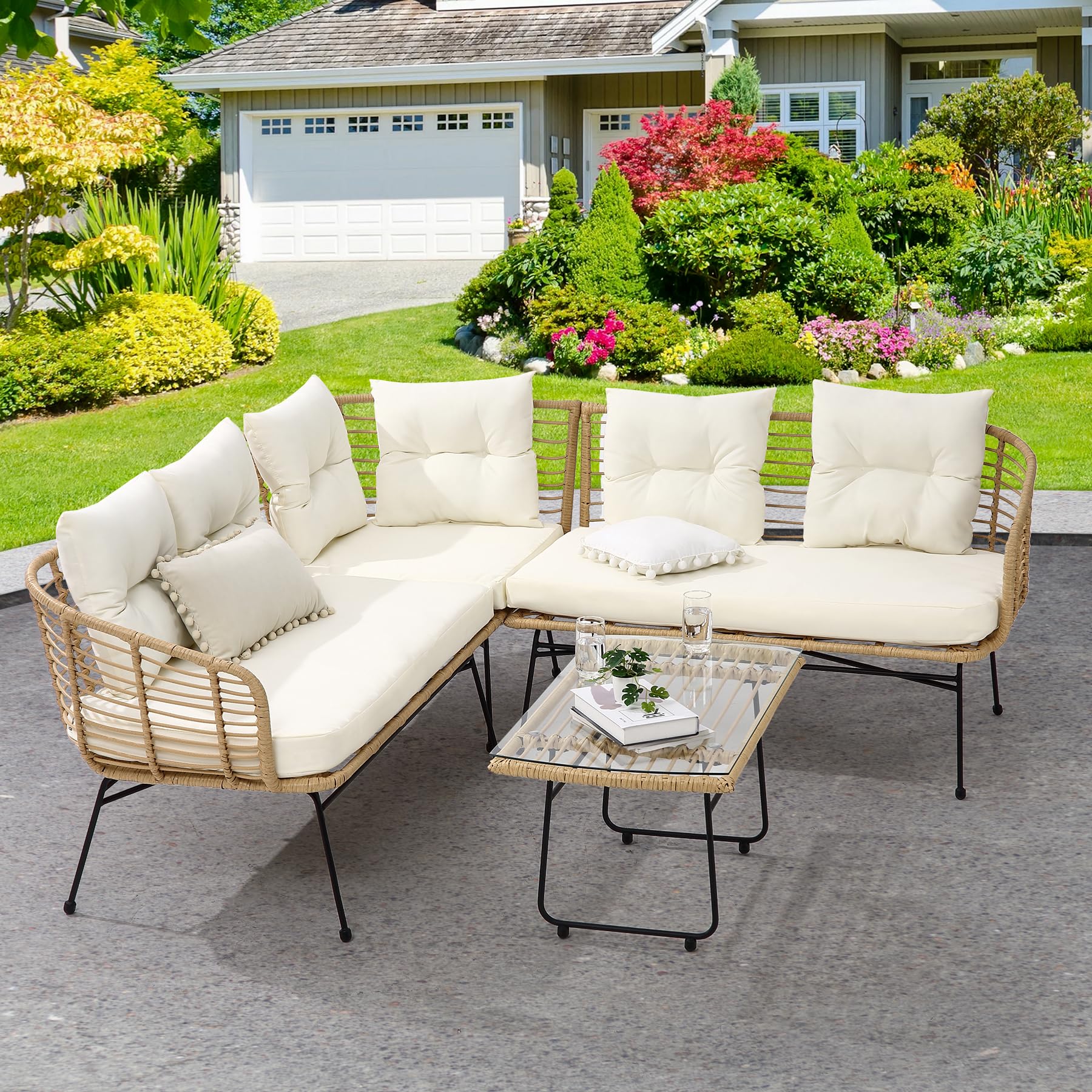 Garvee 4 Pieces Patio Furniture Set,Boho Outdoor Furniture Lounge Sectional L-Shaped Sofa Conversation Set with Thick Cushions and Toughened Glass Cof