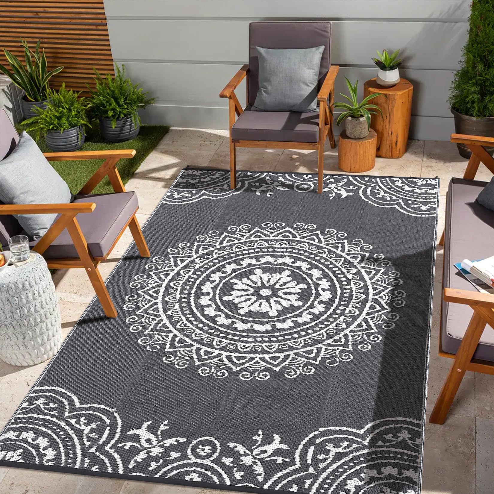 Garvee Outdoor Grey & White 5x8 Reversible Mats, Plastic Straw Rug, Modern Area Rug, Large Floor Mat for Outdoors, RV, Patio, Backyard, Deck, Picnic, 