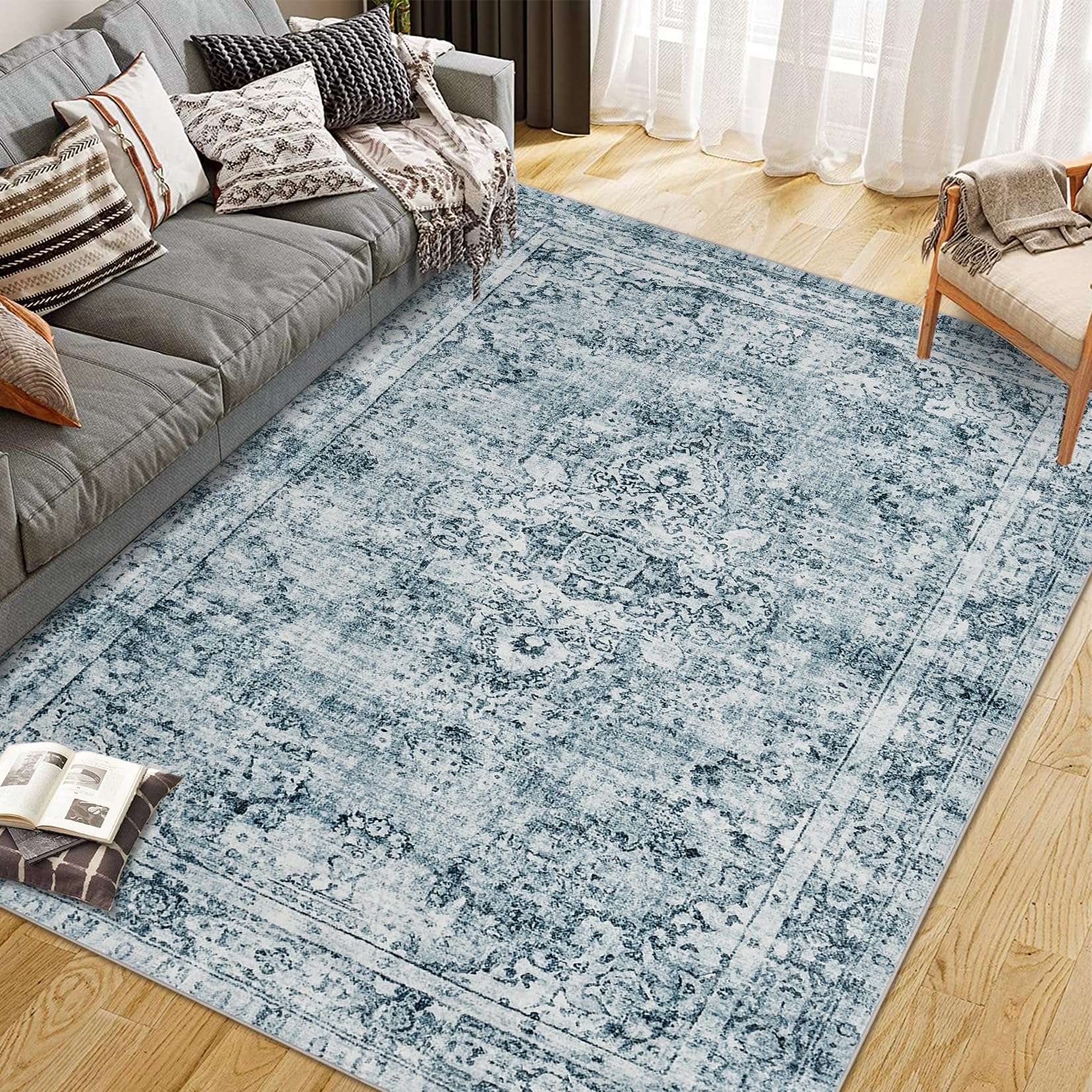 Garvee Washed Back Low Pile Area Rug for Living Room 9x12ft Blue Washable Non Slip Carpet for Bedroom Kitchen Dining Hallway