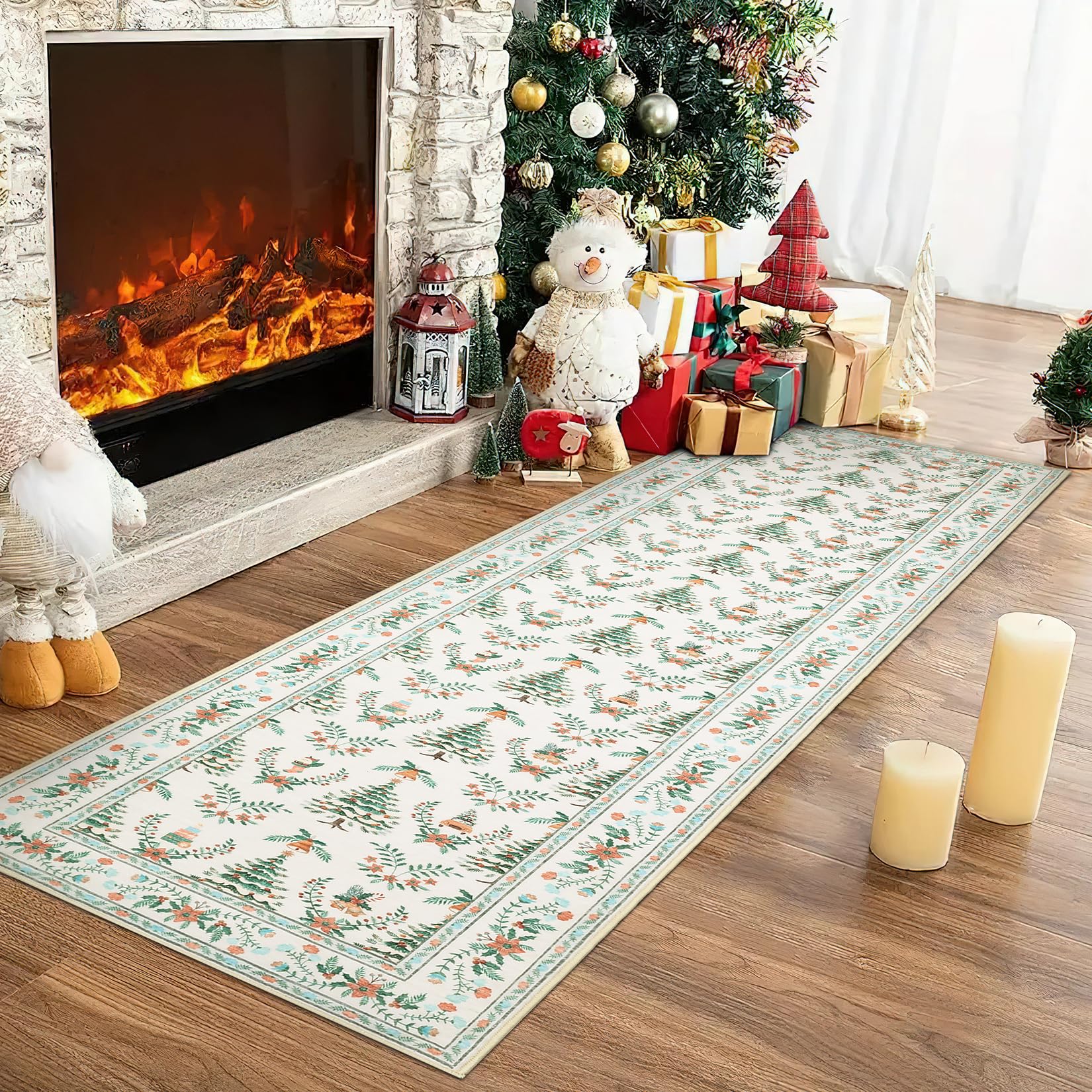 Garvee Christmas Tree Printed Floor Mat Indoor Machine Washable Soft Thin Area Rug 2x10ft Beige