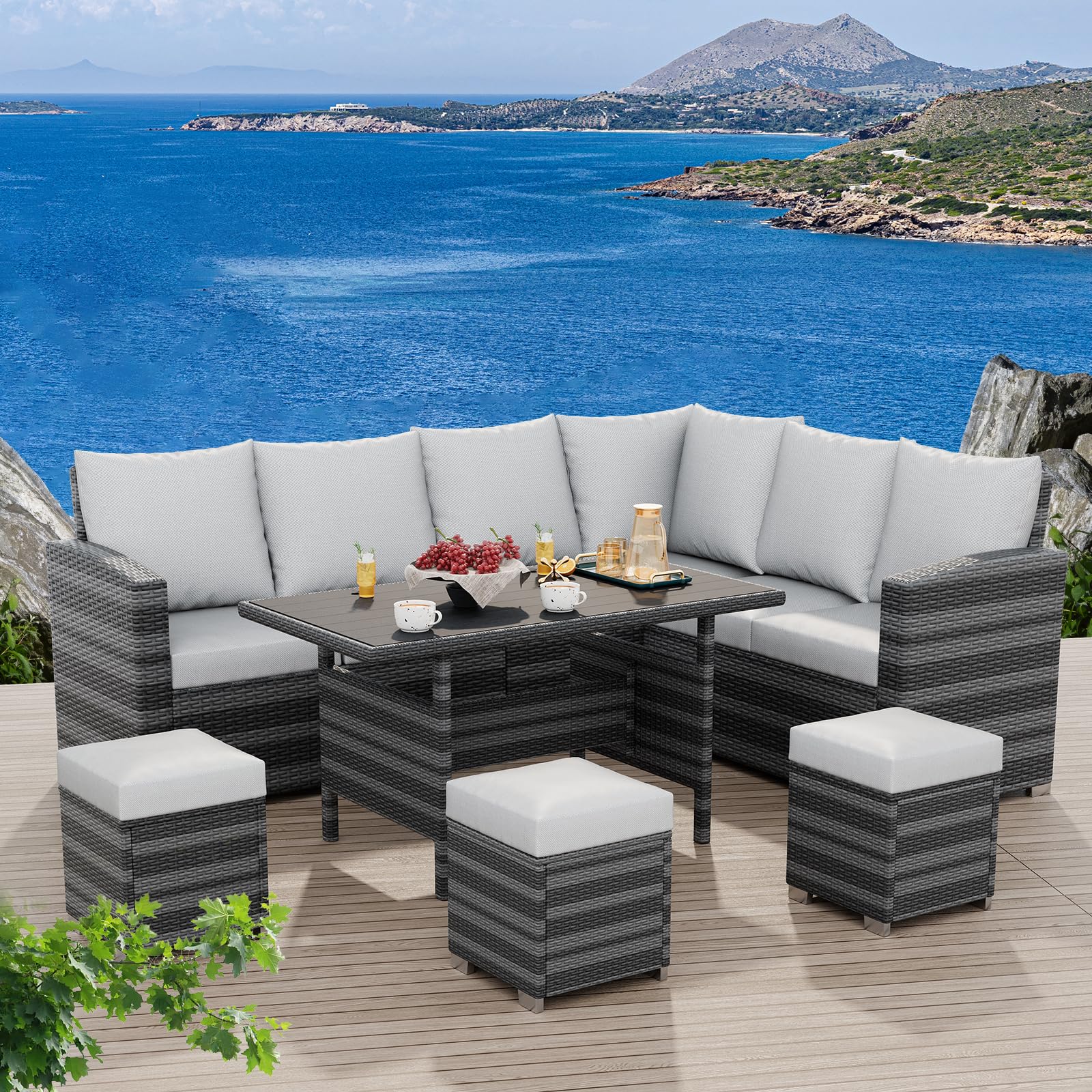 Garvee 7 PCS Patio Furniture Set,PE Rattan Grey Wicker, Outdoor Sofa Set,Sectional Chair Set with Washable Cushions, Tea Table,Conversation Furniture 