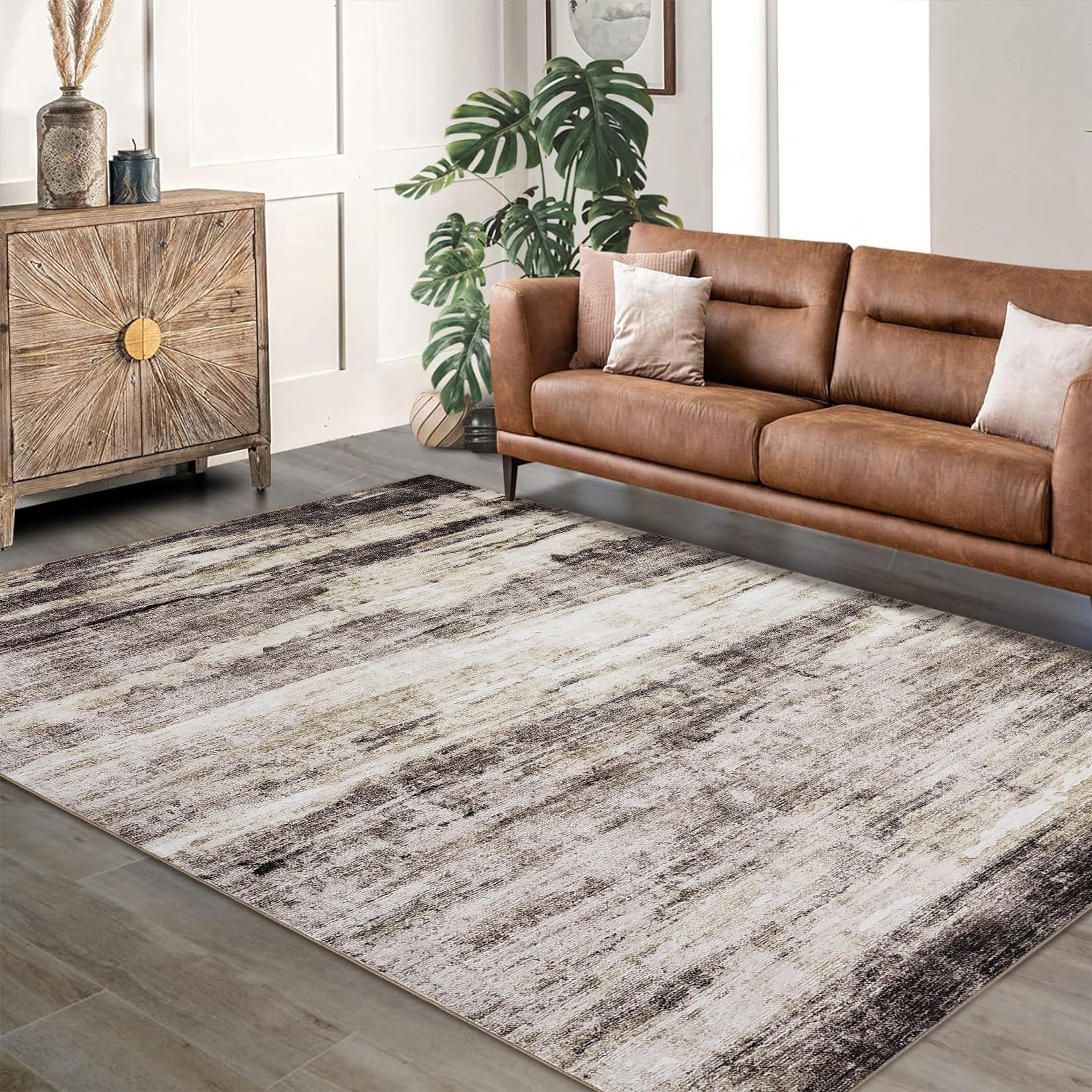 Garvee Modern Abstract Area Rug 5x7 Ft Brown Washable Stain Resistant Low Pile Non Slip Carpet for Bedroom Living Room Office