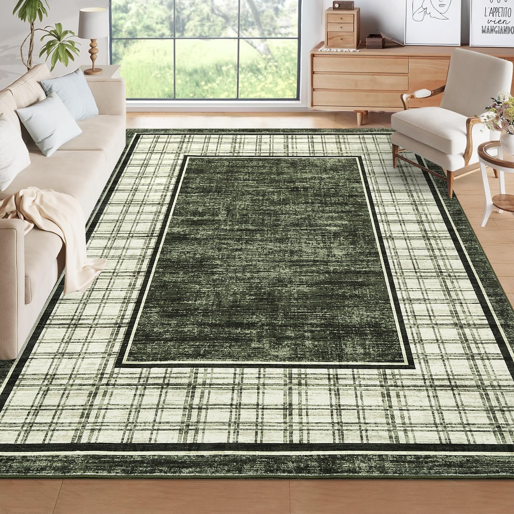 Garvee Living Room Rug 10x13, Machine Washable Large Carpet, Non Slip Low Pile Throw Rug, Ultra Soft Indoor Floor Carpet, Green