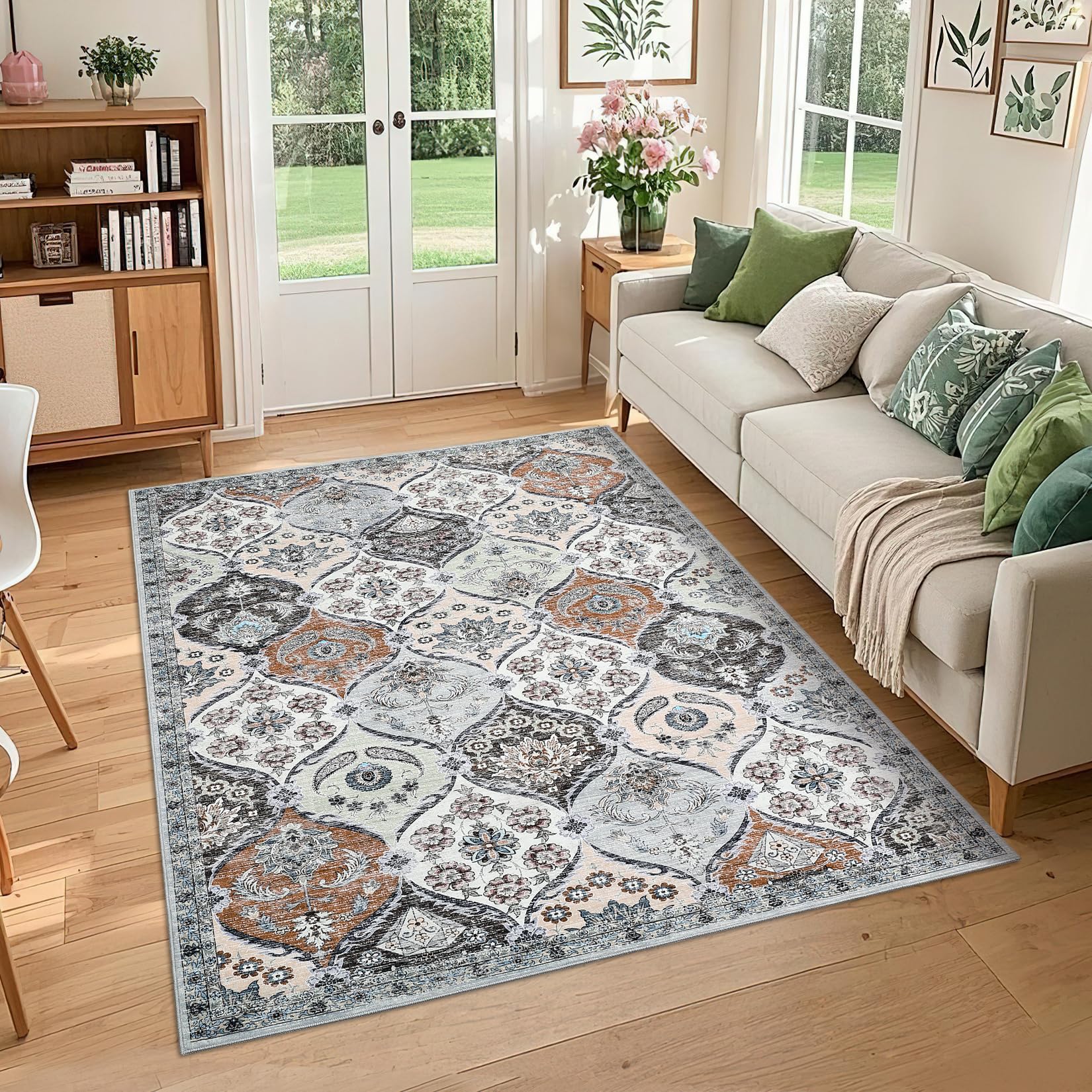 Garvee Washable Rugs for Living Room 9x12 Large Non-Slip Vintage Distressed Trellis Print Carpet, Low Pile Stain-Resistant Foldable Indoor Floor Cover