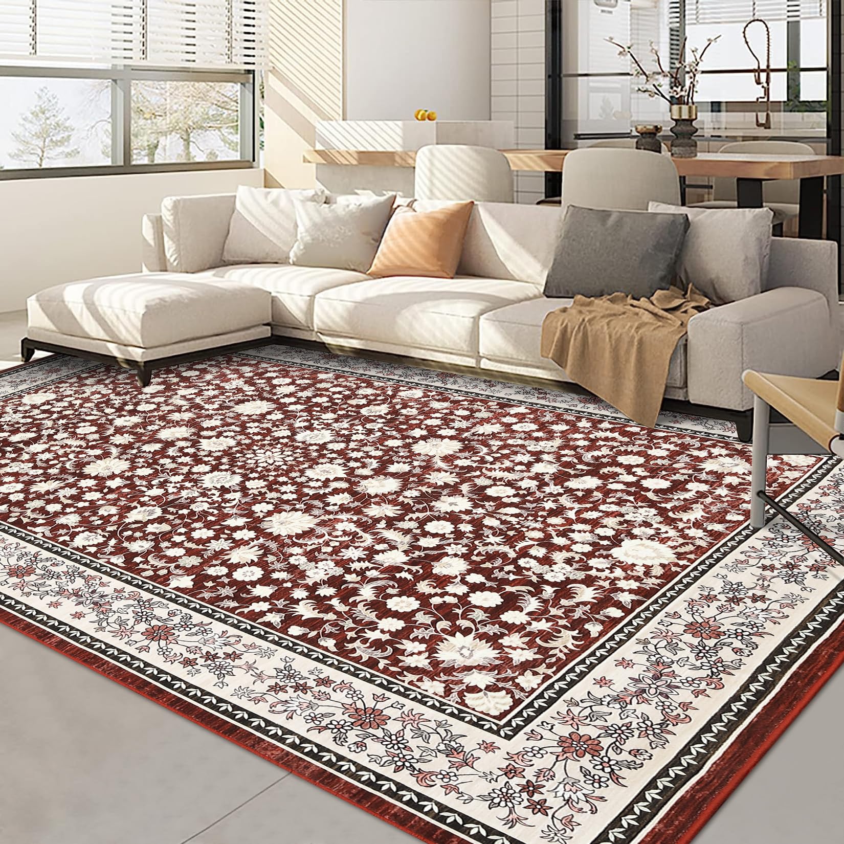 Garvee Washable 10x13 Area Rugs Vintage Non Slip Low Pile Floor Mat Red for Living Room Bedroom Dining Room Home Office