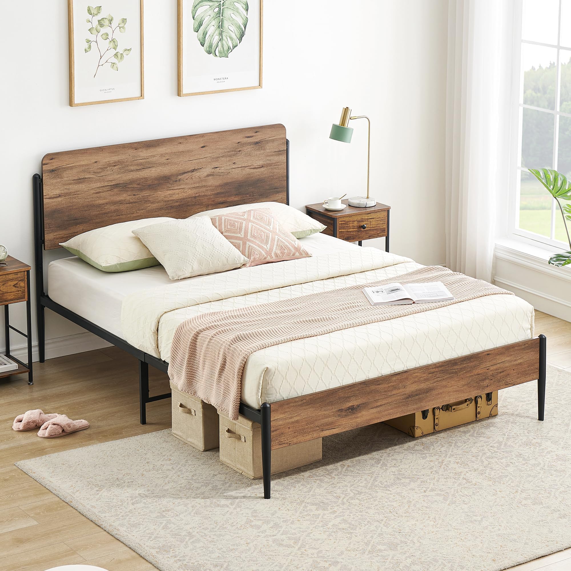 Garvee Queen Bed Frame with Wooden Headboard & Footboard, Heavy Duty Metal, Storage, Easy Assembly, Walnut Finish, No Box Spring Needed
