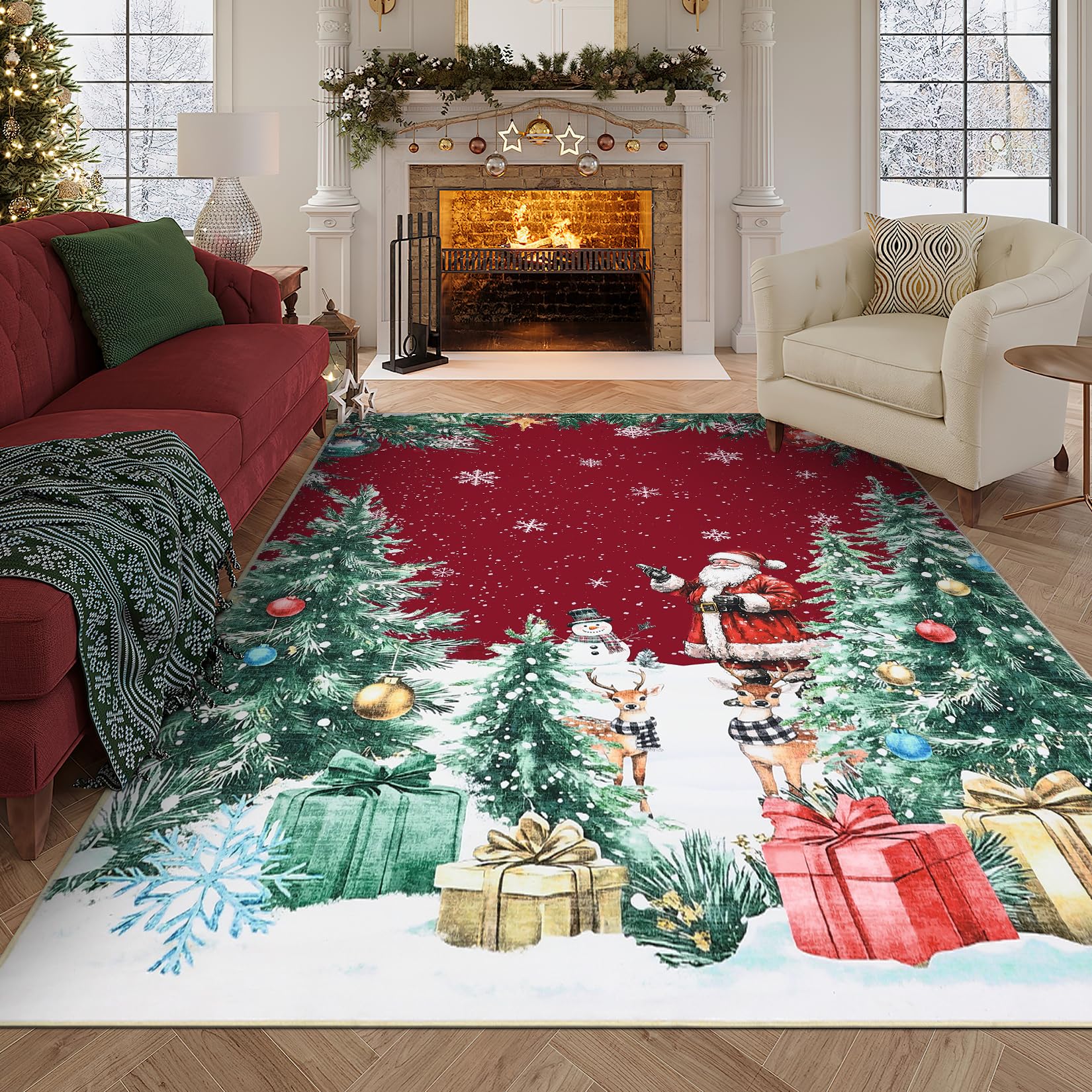 Garvee 9x12 Modern Red Christmas Rug with Snow & Tree Print, Ultra-Soft Thin Floor Mat for Bathroom, Bedroom, Living Room Decor