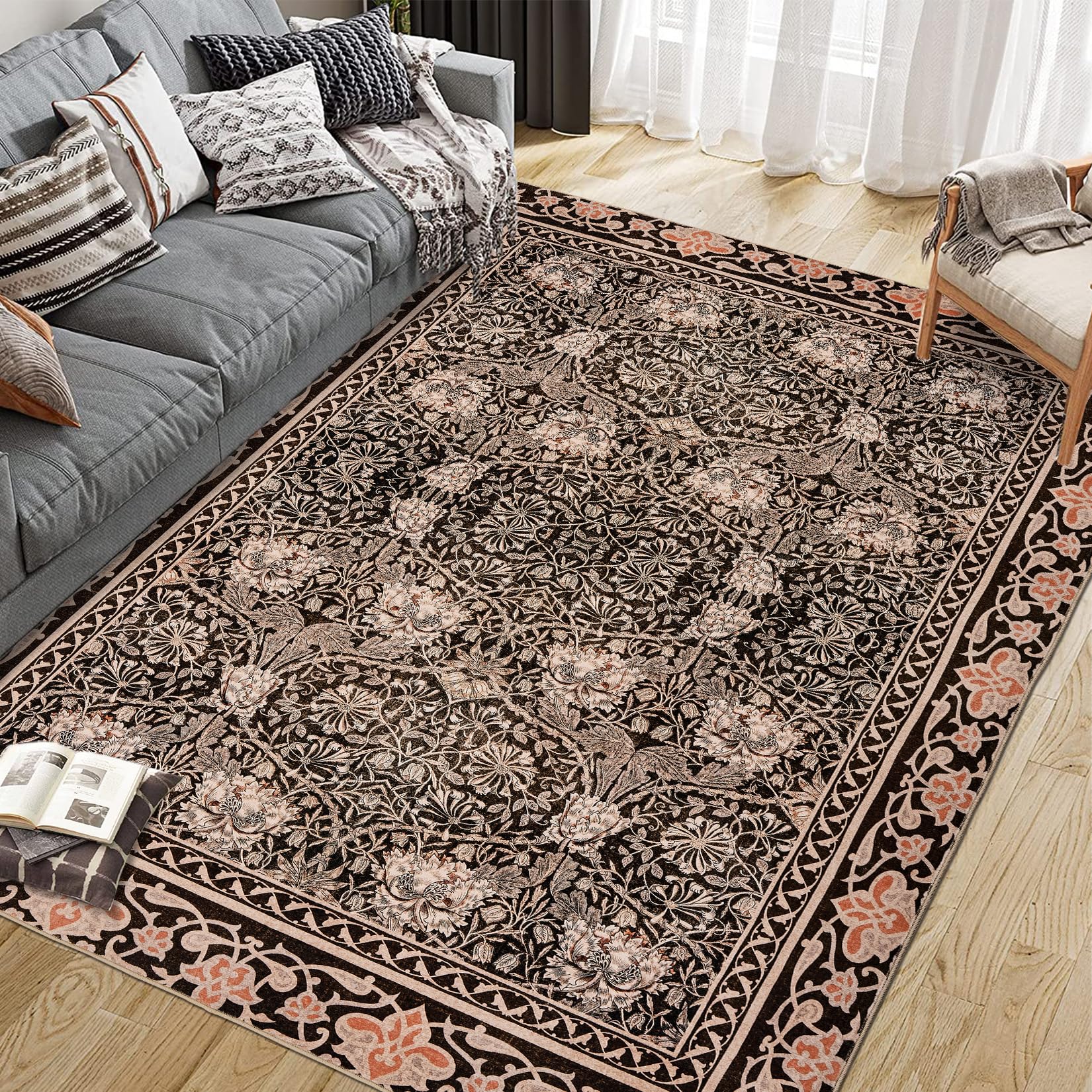 Garvee Area Rug Vintage Floral Printed Non-Slip Low Pile Machine Washable Carpet for Living Room Bedroom Laundry Dining Farmhouse Brown 10x13Ft