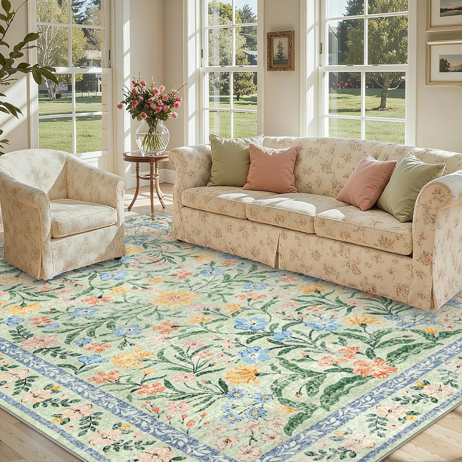 Lahome Boho Light Green Large Area Rugs for Bedroom, Floral Washable Rugs 9x12 Living Room, Soft Non-Slip Thin Rug for Nursery Kids Playroom Girls Hom