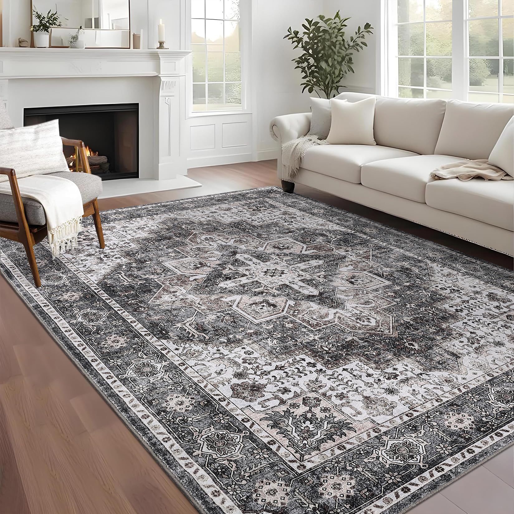 Garvee 5x7 Washable Vintage Distressed Rug For Living Room Bedroom Office Kitchen, Camel, Foldable Non Slip Carpet