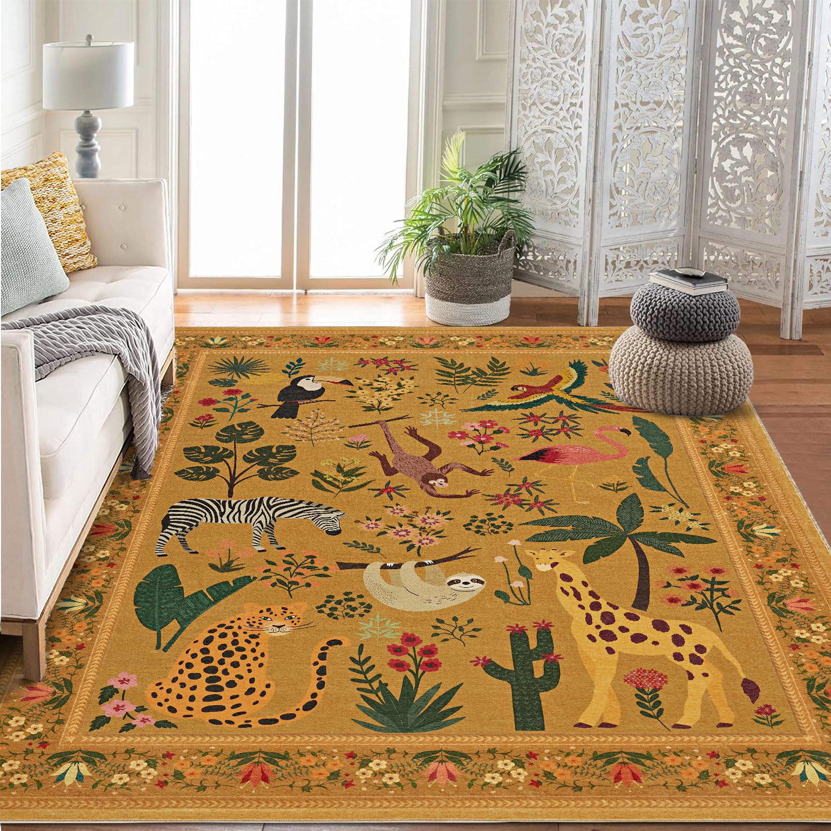 Garvee 10x13 Washable Animal Living Room Rug Non Slip Vintage Design Yellow Soft Low Pile Large Carpet for Bedroom Nursery Dining Room Farmhouse Playr