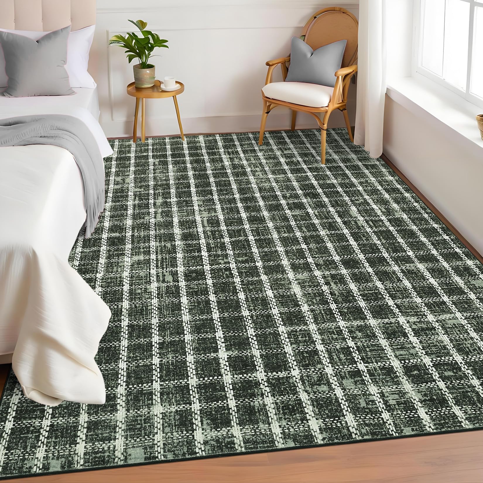 Garvee Area Rug 3x5 Green Washable Non Slip Entryway Mat Geometric Checkered Print Bedroom Rugs Indoor Modern Low Pile Carpet