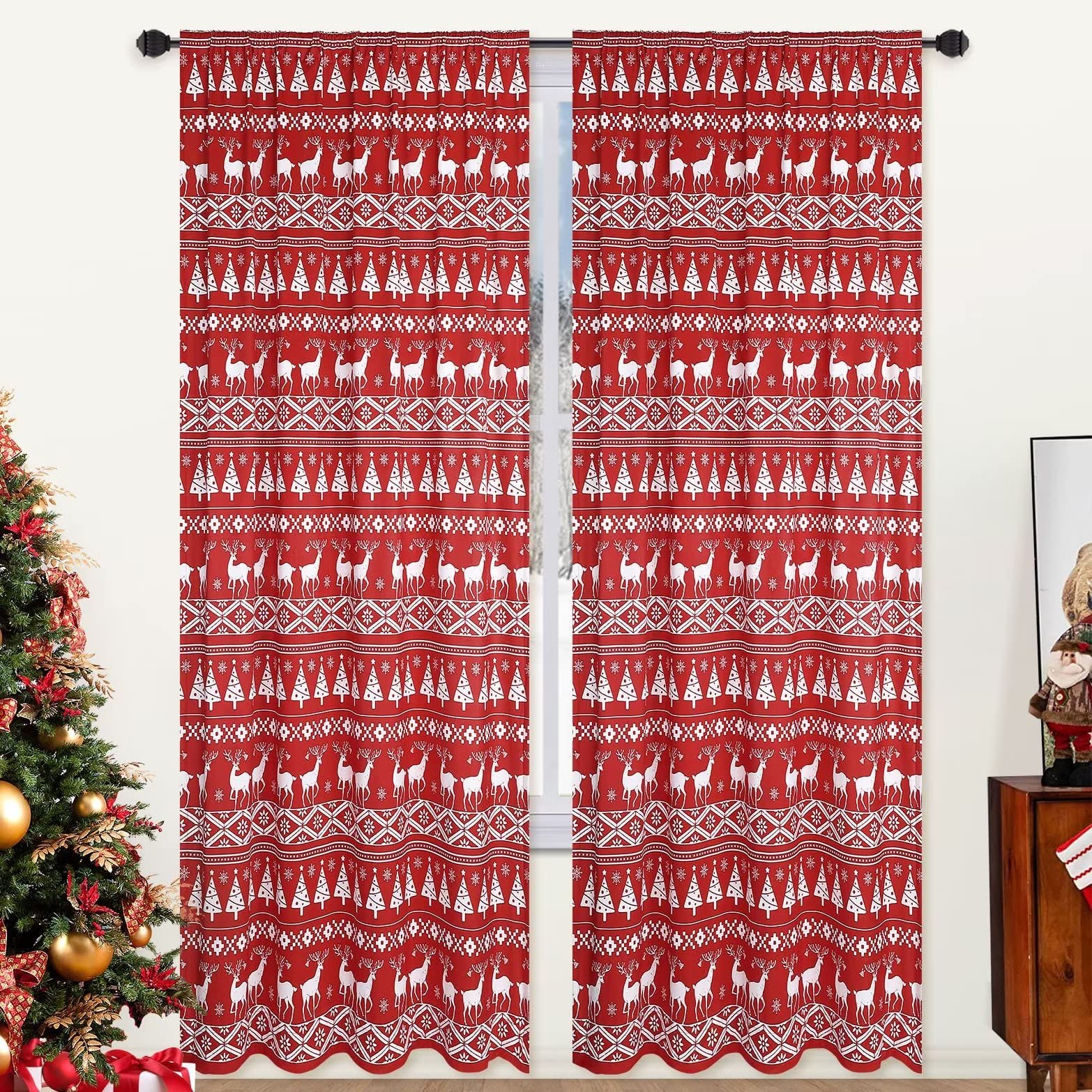 Garvee Christmas Curtains for Living Room, Boho Christmas Tree Deer Pattern Xmas Decorative Window Curtains Velvet Smooth Rod Pocket Bedroom Window Dr