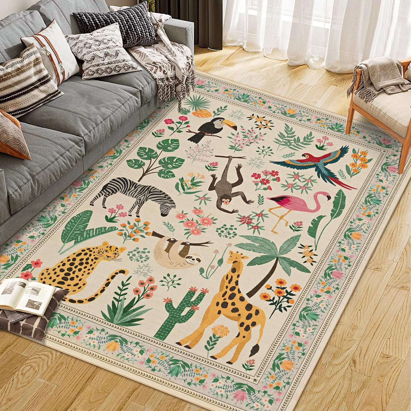 Garvee 8x10 Washable Animal Living Room Rug Non Slip Vintage Design Soft Low Pile Large Carpet Beige