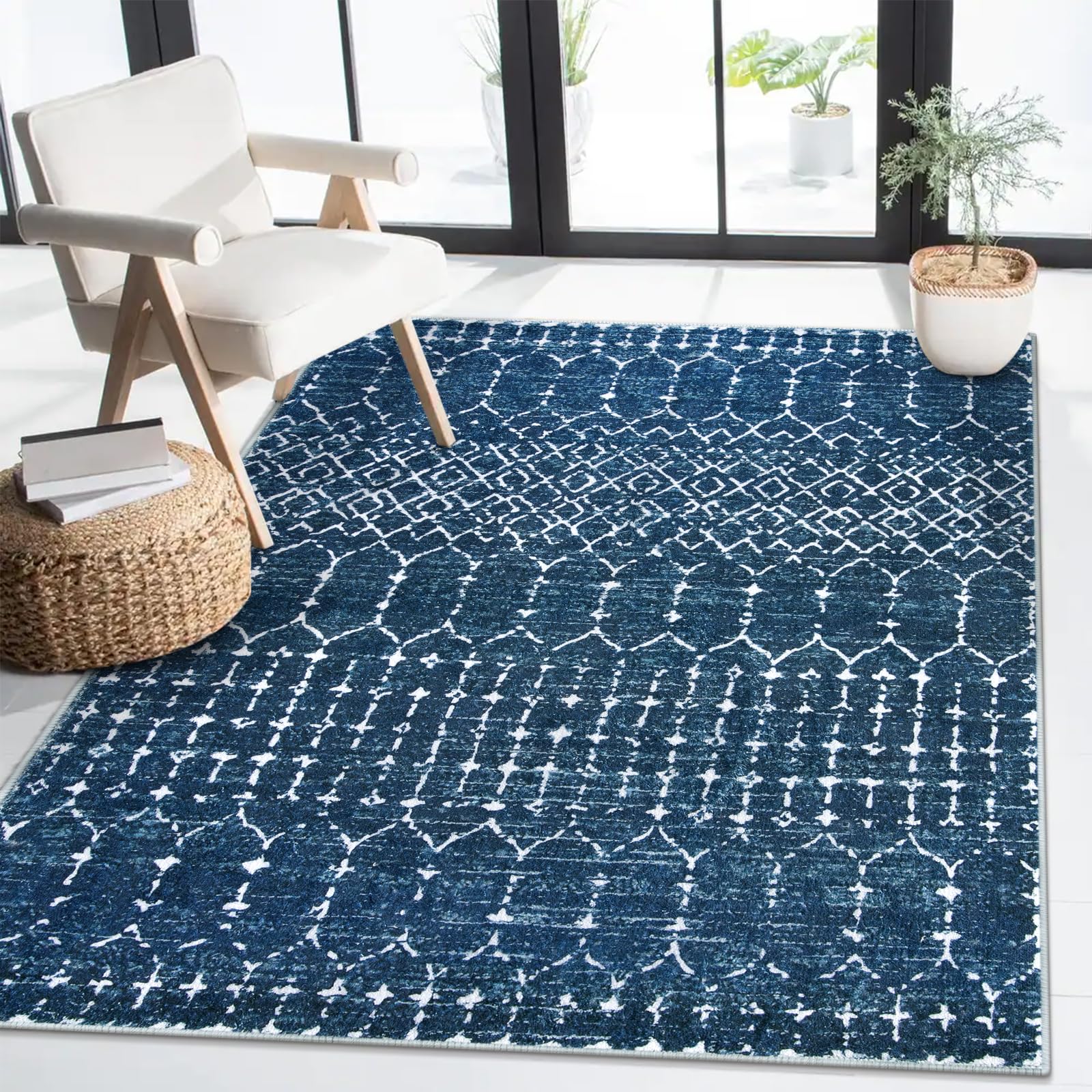 Lahome Moroccan Blue Area Rug 5x7 - Machine Washable Non-Slip Throw Living Room Rugs Ultra-Thin Stain Resistant Soft Rug for Bedroom, Geometric Print