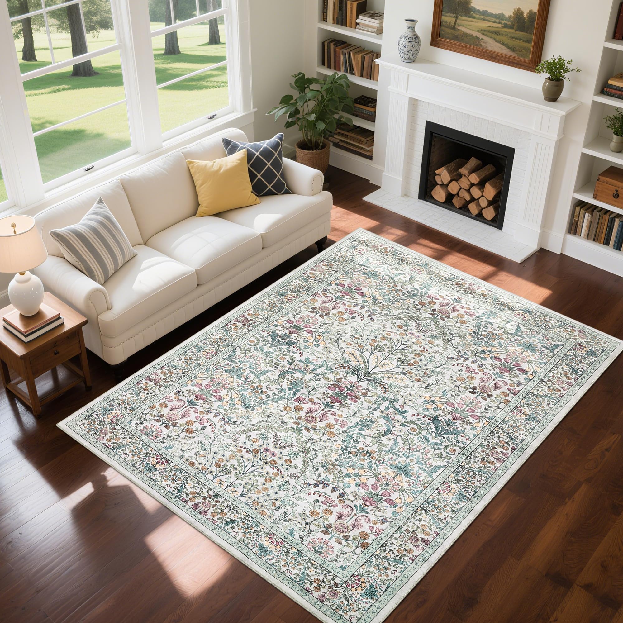 Garvee Large Area Rug 10x13 Washable Boho Vintage Floral Rug Stain-Resistant Soft Non Slip Low Pile Carpet Beige for Living Room Bedroom Dining Room K