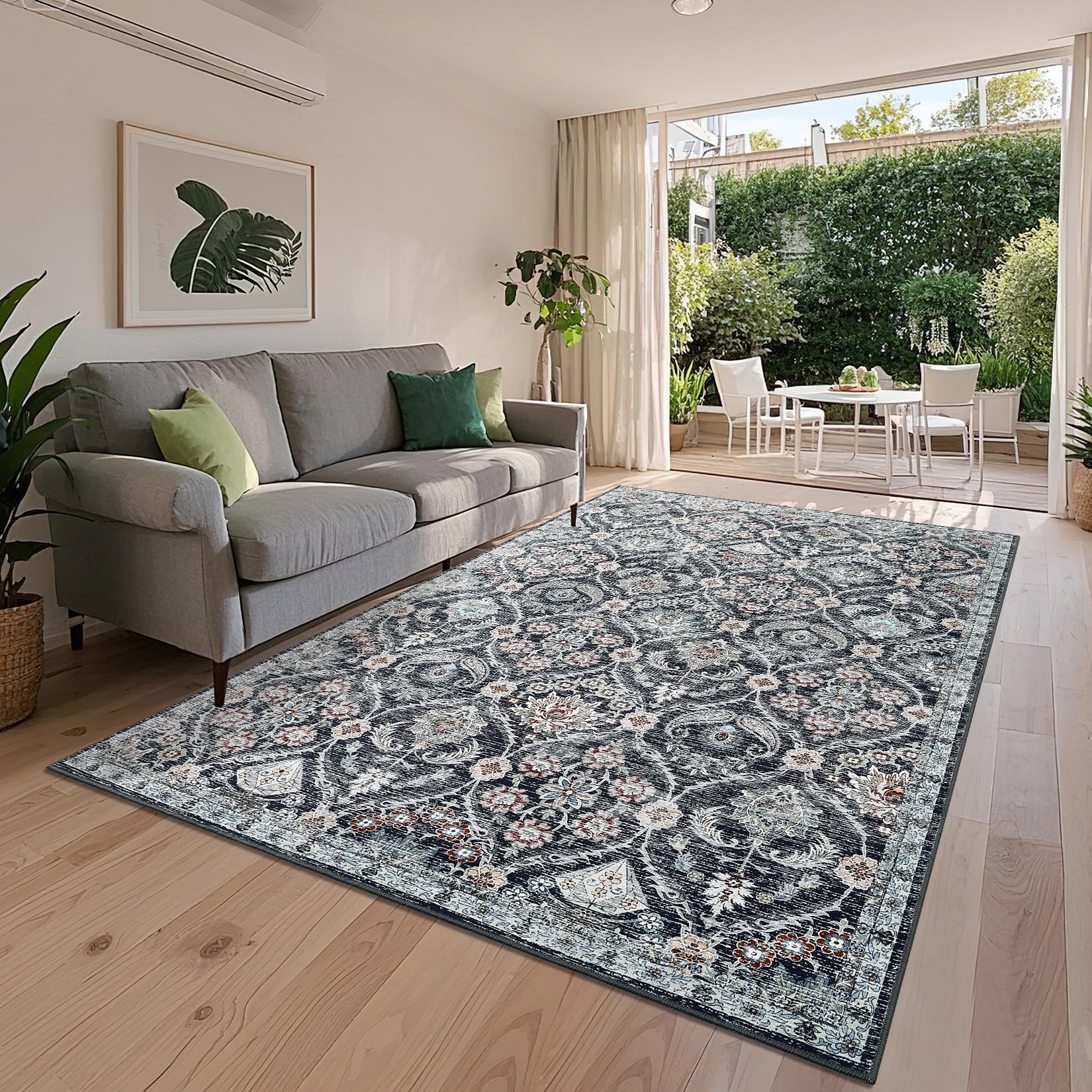 Garvee Trellis Washable Area Rug 5x7 Non-Slip Indoor Rug Blue Black, Low Pile Stain-Resistant Carpet for Living Room Bedroom Office