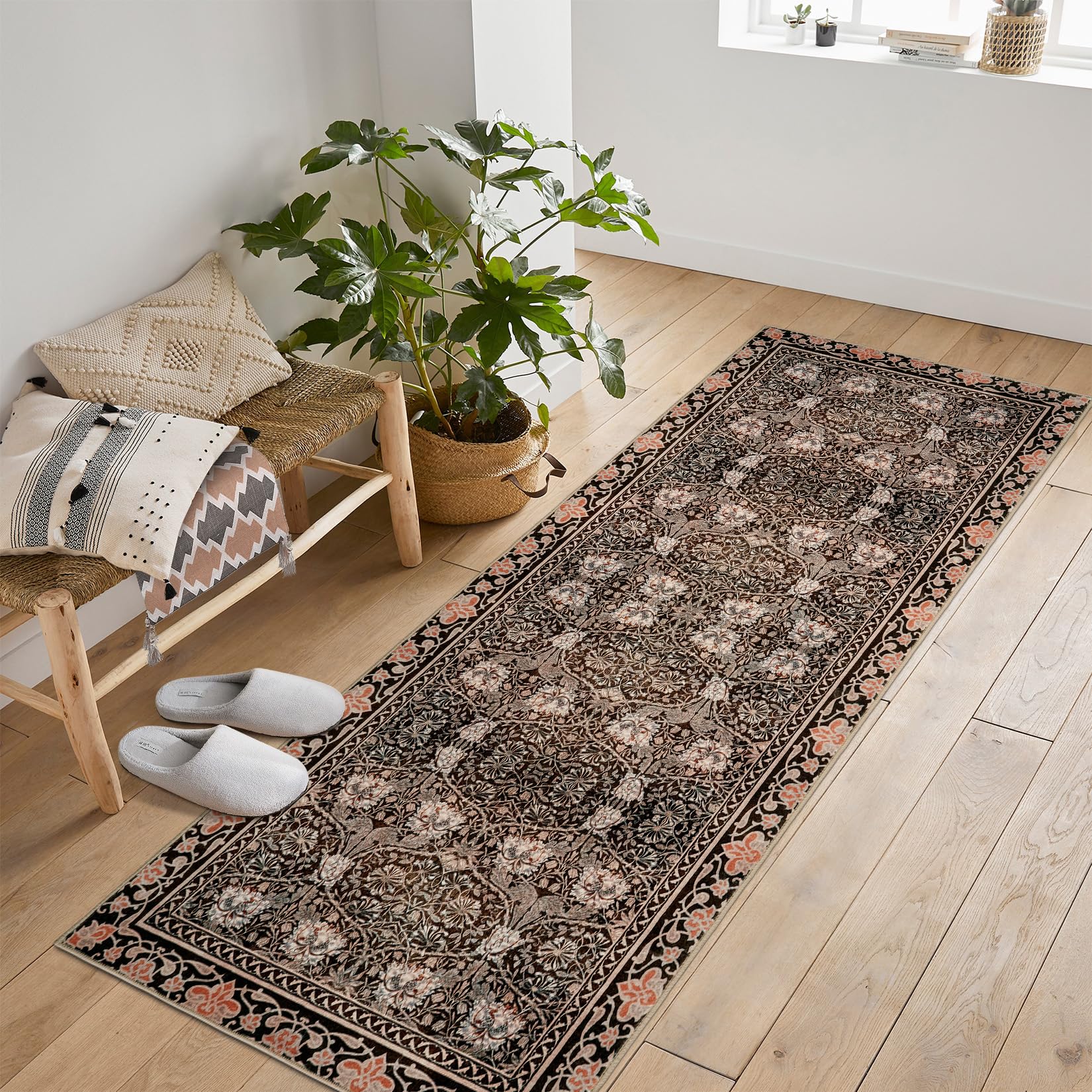 Garvee Area Rug Vintage Floral Carpet Machine Washable Non-Slip Low Pile Brown 2x6Ft for Living Room Bedroom Laundry Dining Farmhouse