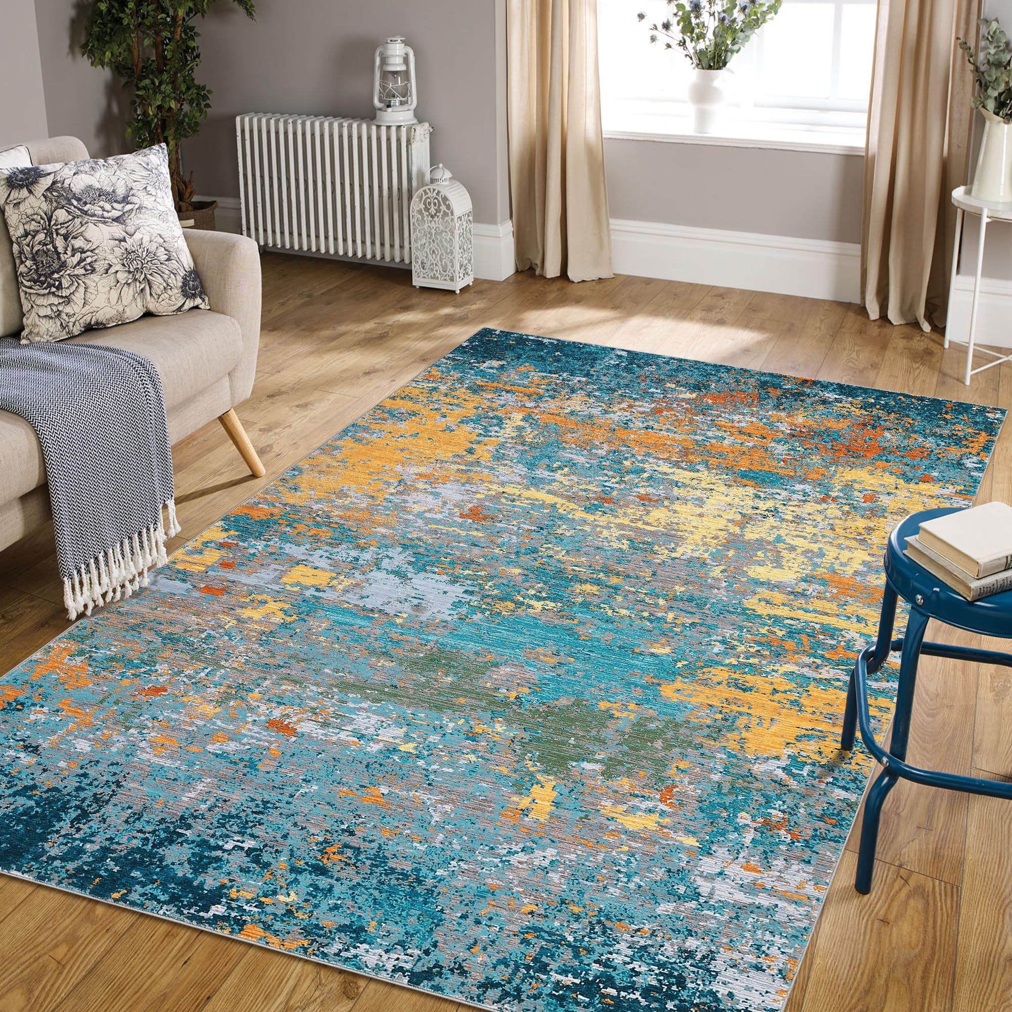 Garvee Area Rug 4x6 Washable Rug Modern Abstract Non-Slip Soft Throw Carpet Gold Green for Living Room Bedroom Dining Room
