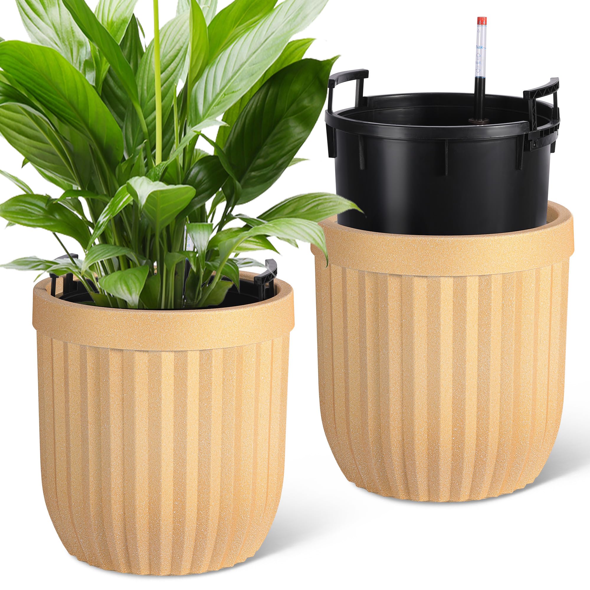 Garvee 14.5 Inch Tall Planters Set of 2 Flower Pots with a Water Level Monitor, Self Watering Insert and Hidden Wheels, Ideal for Living Room, Bedroom