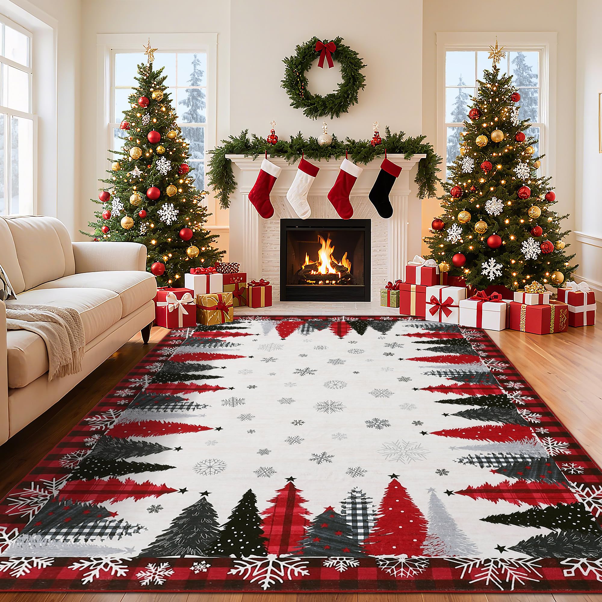 Garvee Christmas Tree Washable Red Kitchen Area Rug 9x12 Thin Easy to Clean Large Carpet