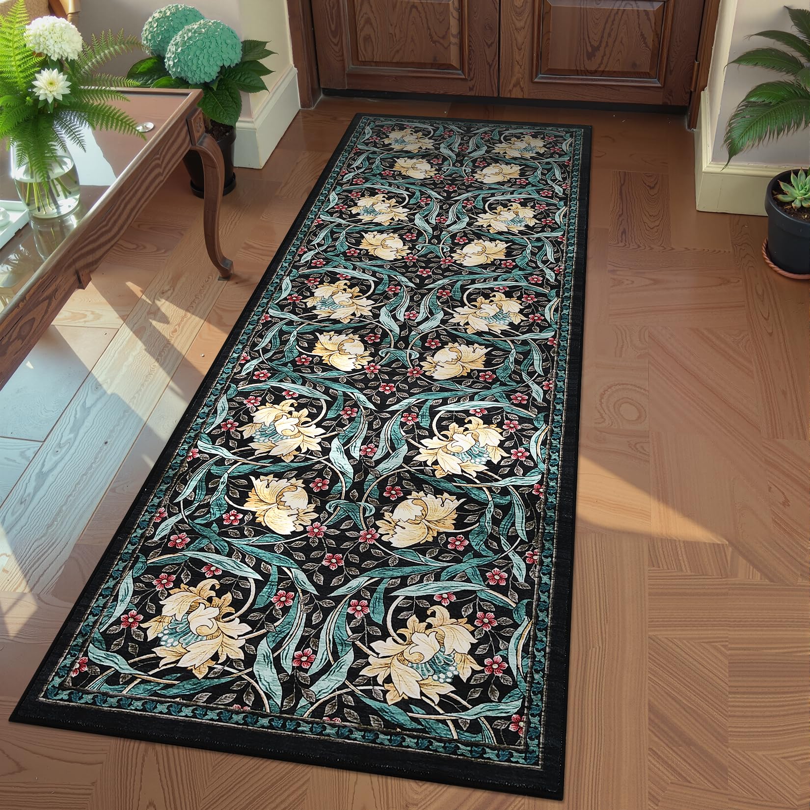Garvee 2x6 Washable Runner Rug Soft Green Floral Non Slip Backing Entryway Hallway Kitchen Bedroom Bathroom Carpet