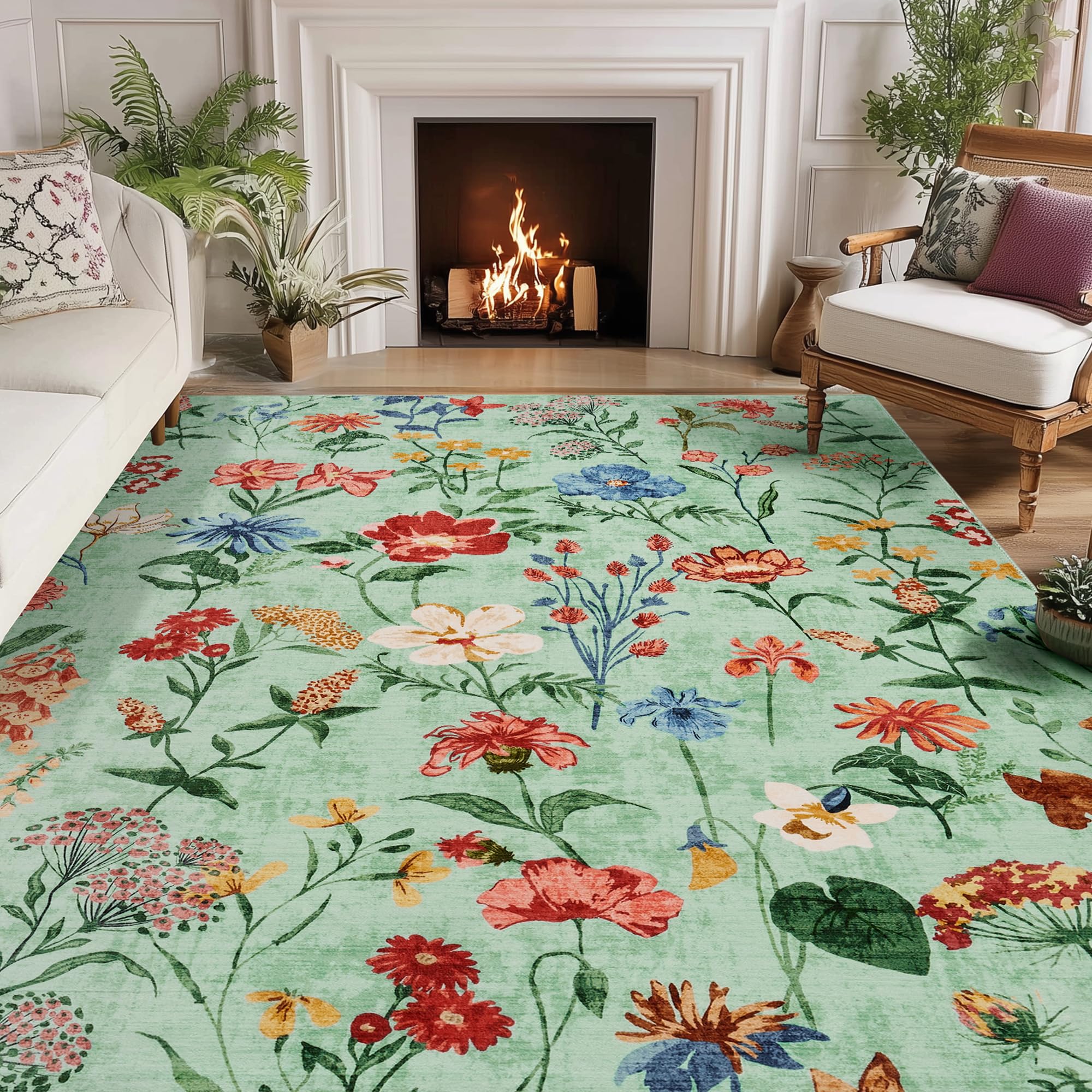 Garvee 8x10 Floral Area Rug Washable Low Pile Non Slip Vintage Carpet for Living Room Bedroom Kitchen Dining Room Office Light Green