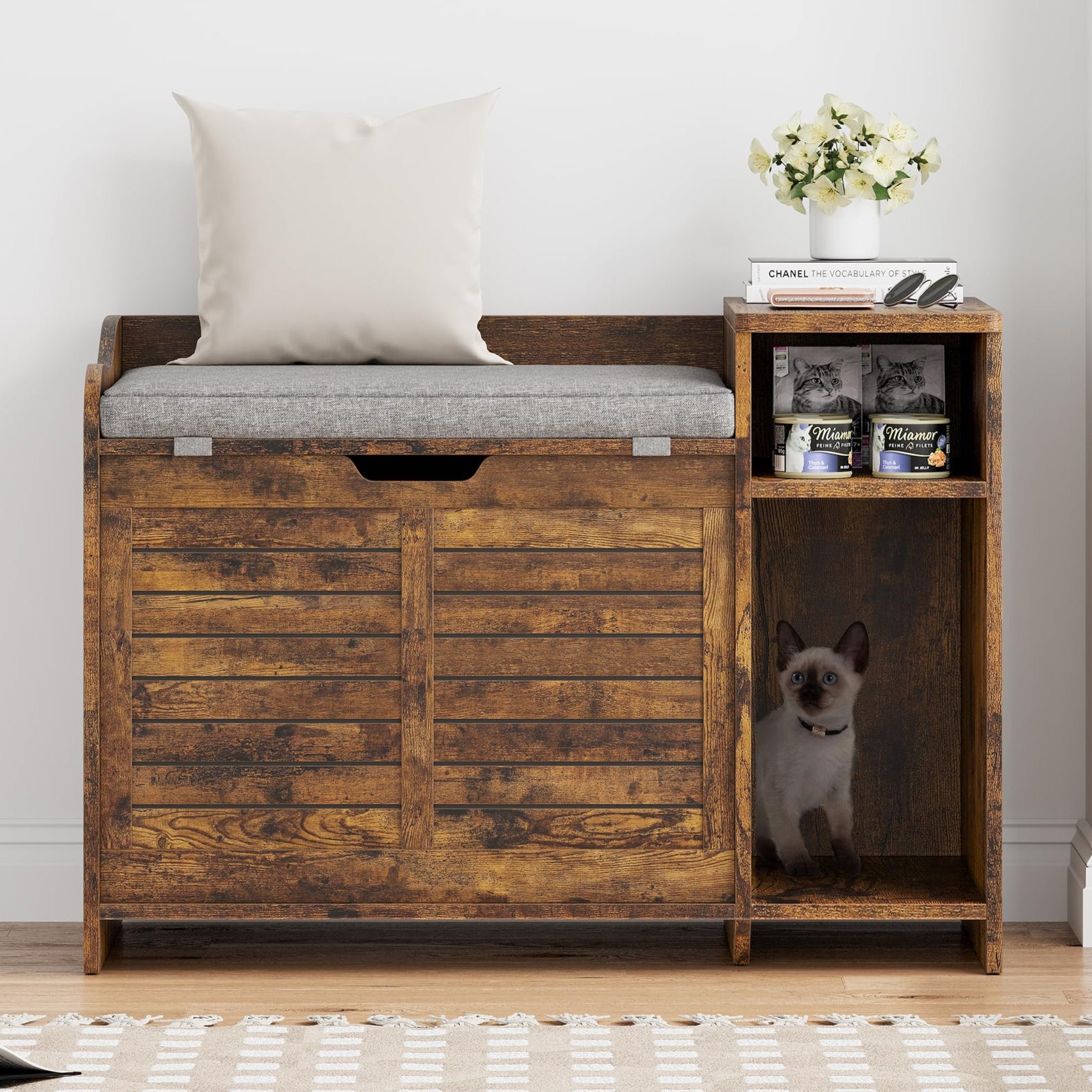 Garvee Cat Litter Box Enclosure with Cushion, Hidden Cat Litter Box Furniture, Cat Litter Box Furniture with Top Opening, Flip Top Litter Box Enclosur