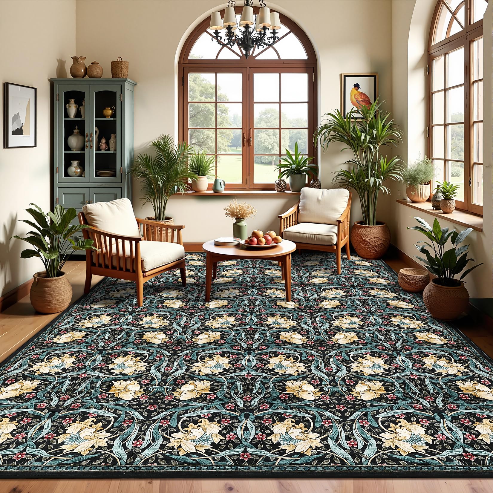 Garvee Large Area Rugs 9x12 Retro Green Floral Washable Soft Non Slip Backing Floor Mat for Living Room Bedroom Dining Room
