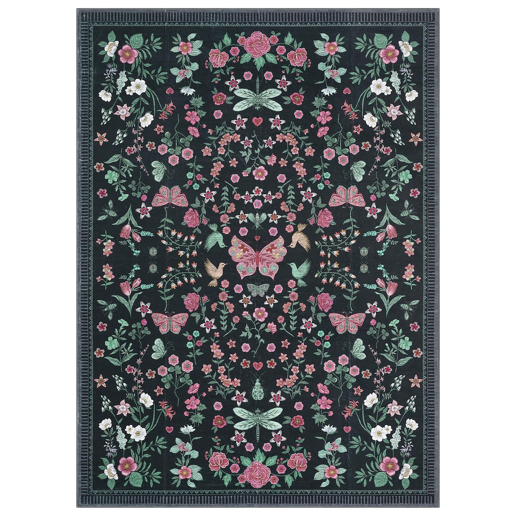 Garvee 5x7 Modern Floral Machine Washable Area Rugs Black, Non-Slip, Stain Resistant, Low Pile Carpet for Living Room Bedroom Dining Room Playroom Hom