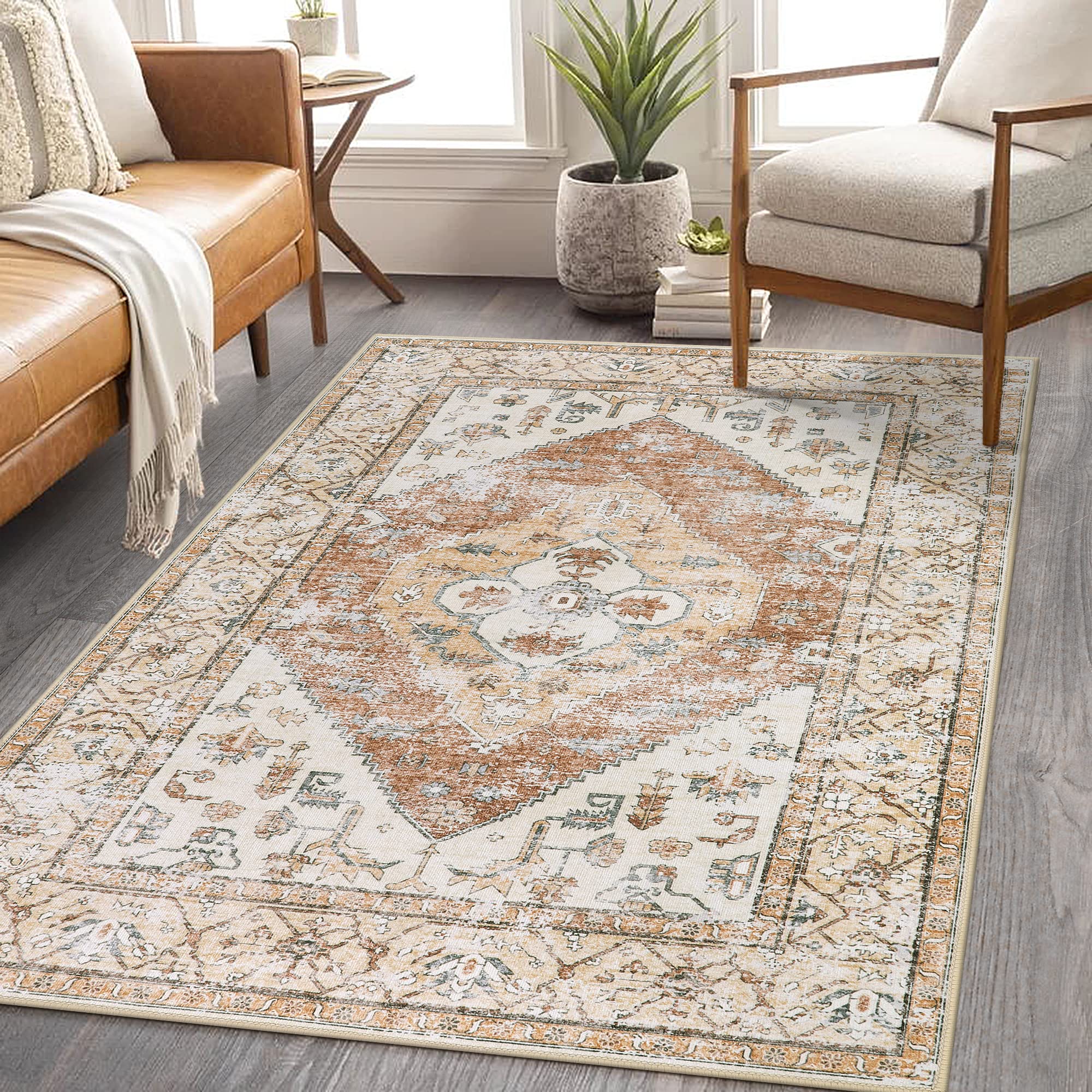 Lahome Boho Washable Living Room Area Rug 3x5 Throw Non-Slip Rugs for Bedroom Aesthetic Lightweight Thin Entry Rug Kitchen Rugs Oriental Distressed Pr